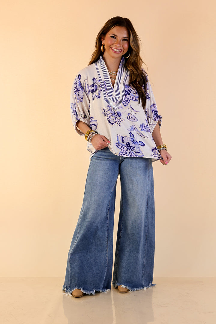 Naturally Stylish Floral Top with Contrast Stripe Trim and Short Dolman Sleeves in Blue and White