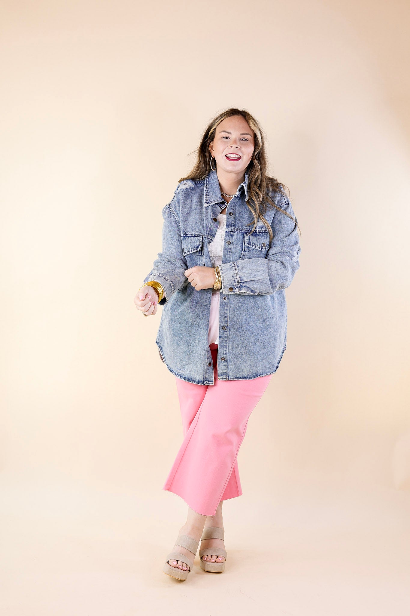 Wish and Wander Distressed Denim Button Up Shacket in Light Wash - Giddy Up Glamour Boutique