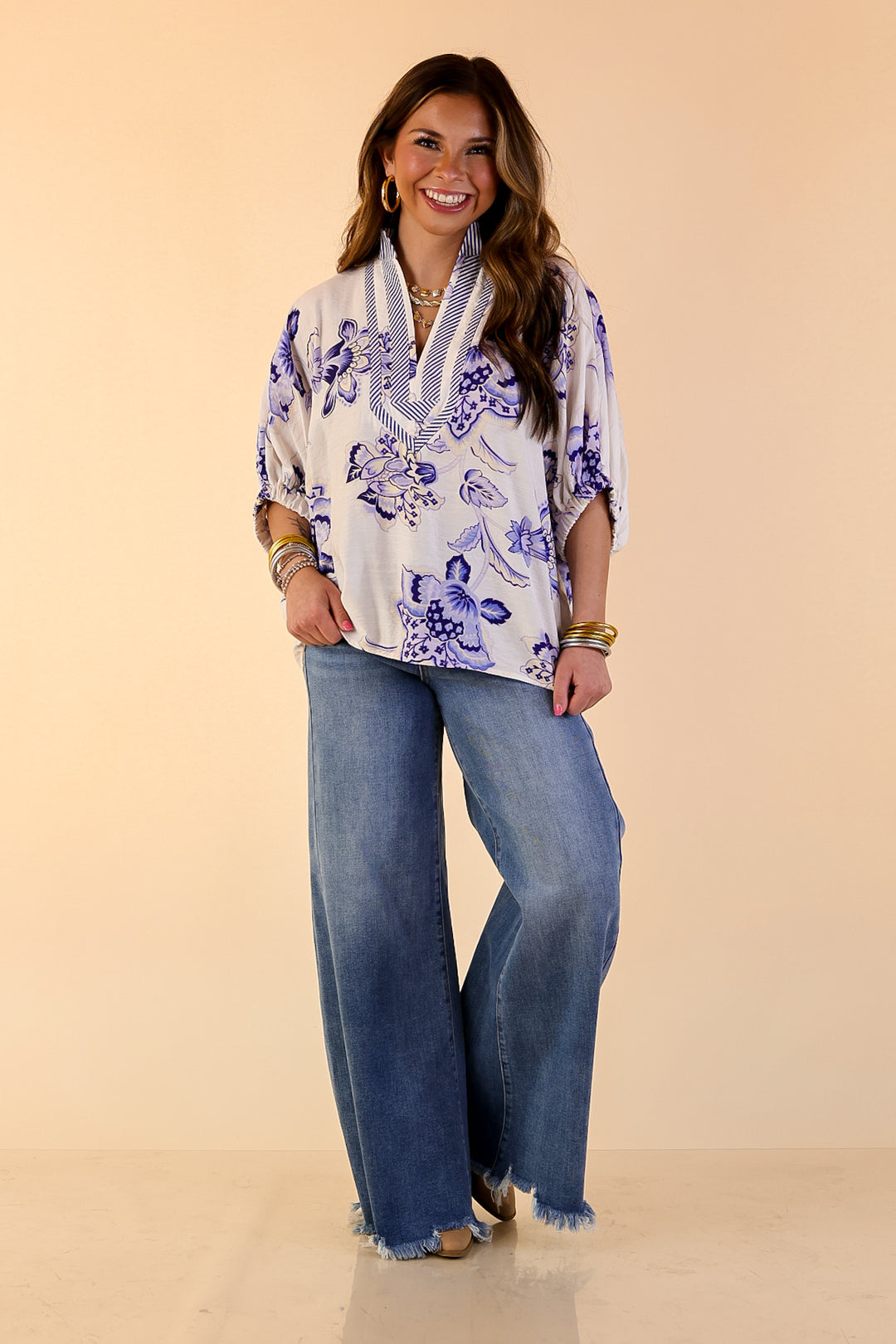 Naturally Stylish Floral Top with Contrast Stripe Trim and Short Dolman Sleeves in Blue and White