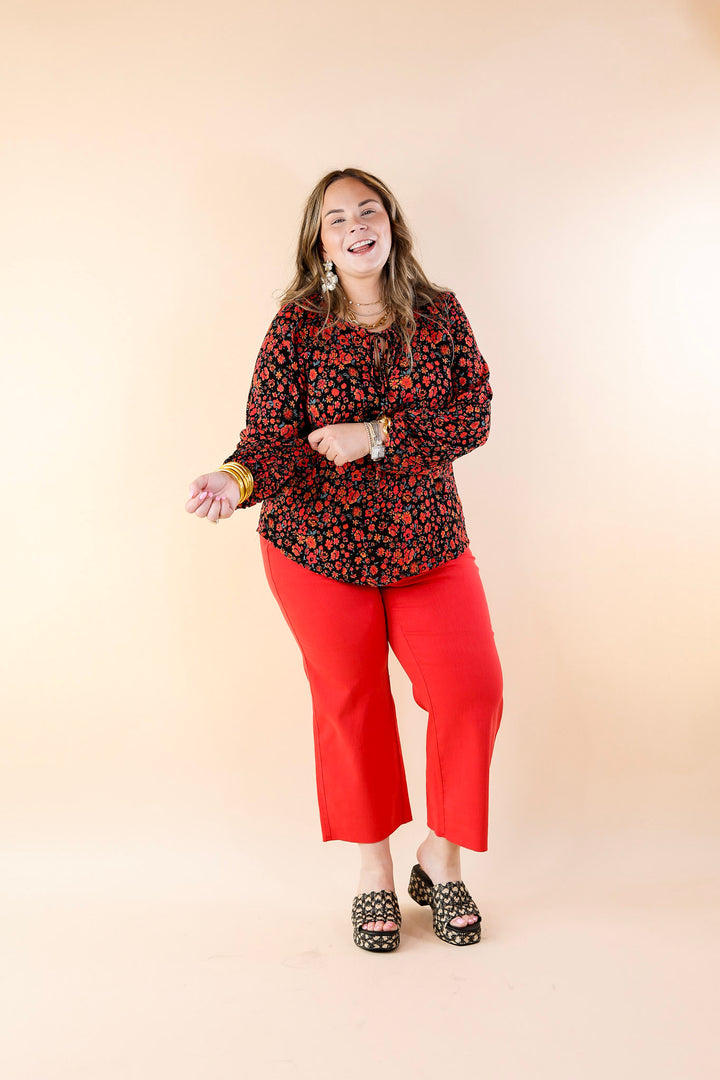 Market Street Memories Floral Print Long Sleeve Top with Front Keyhole in Black - Giddy Up Glamour Boutique