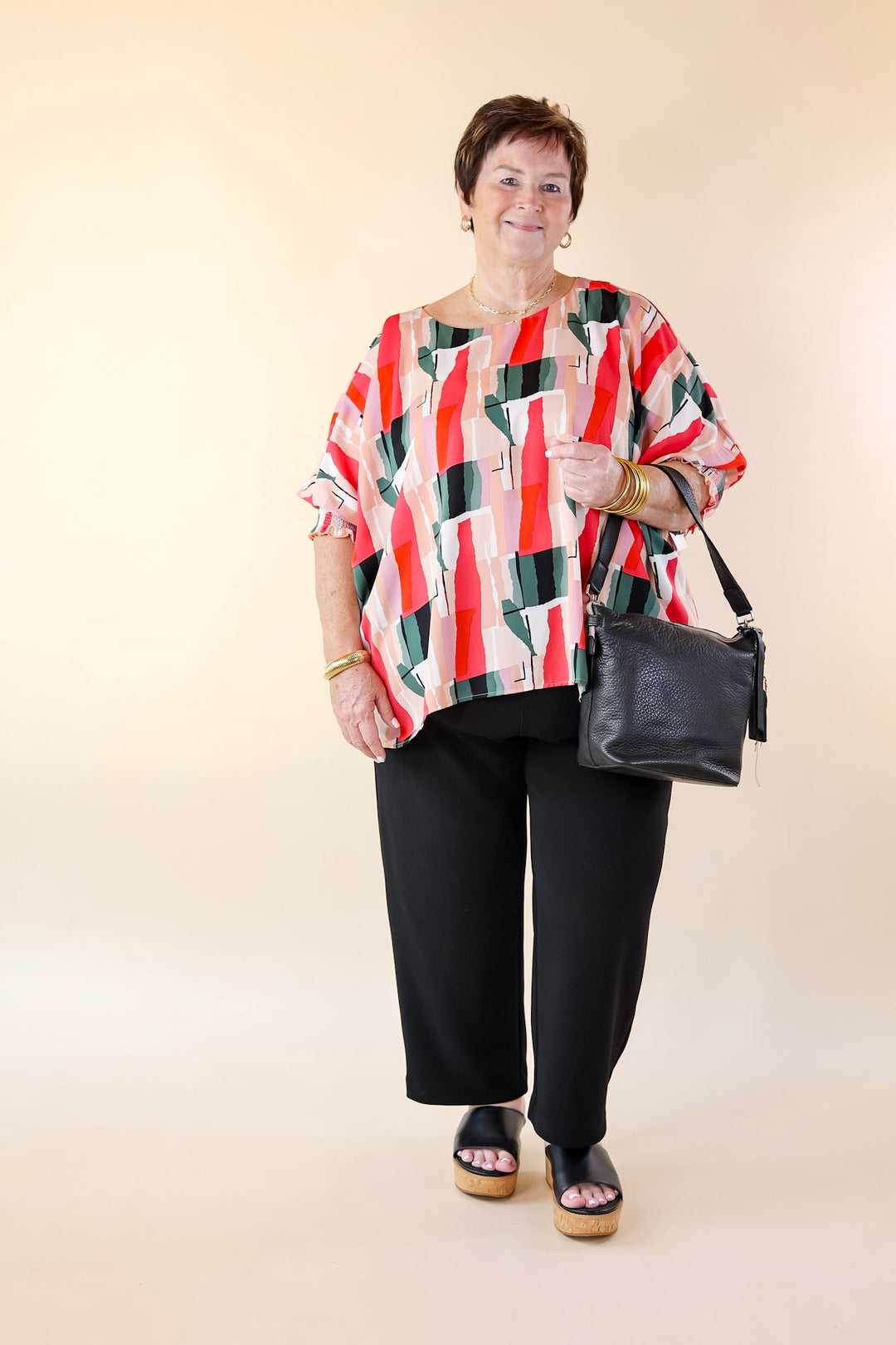 Museum Bound Abstract Print Top in Red and Green - Giddy Up Glamour Boutique