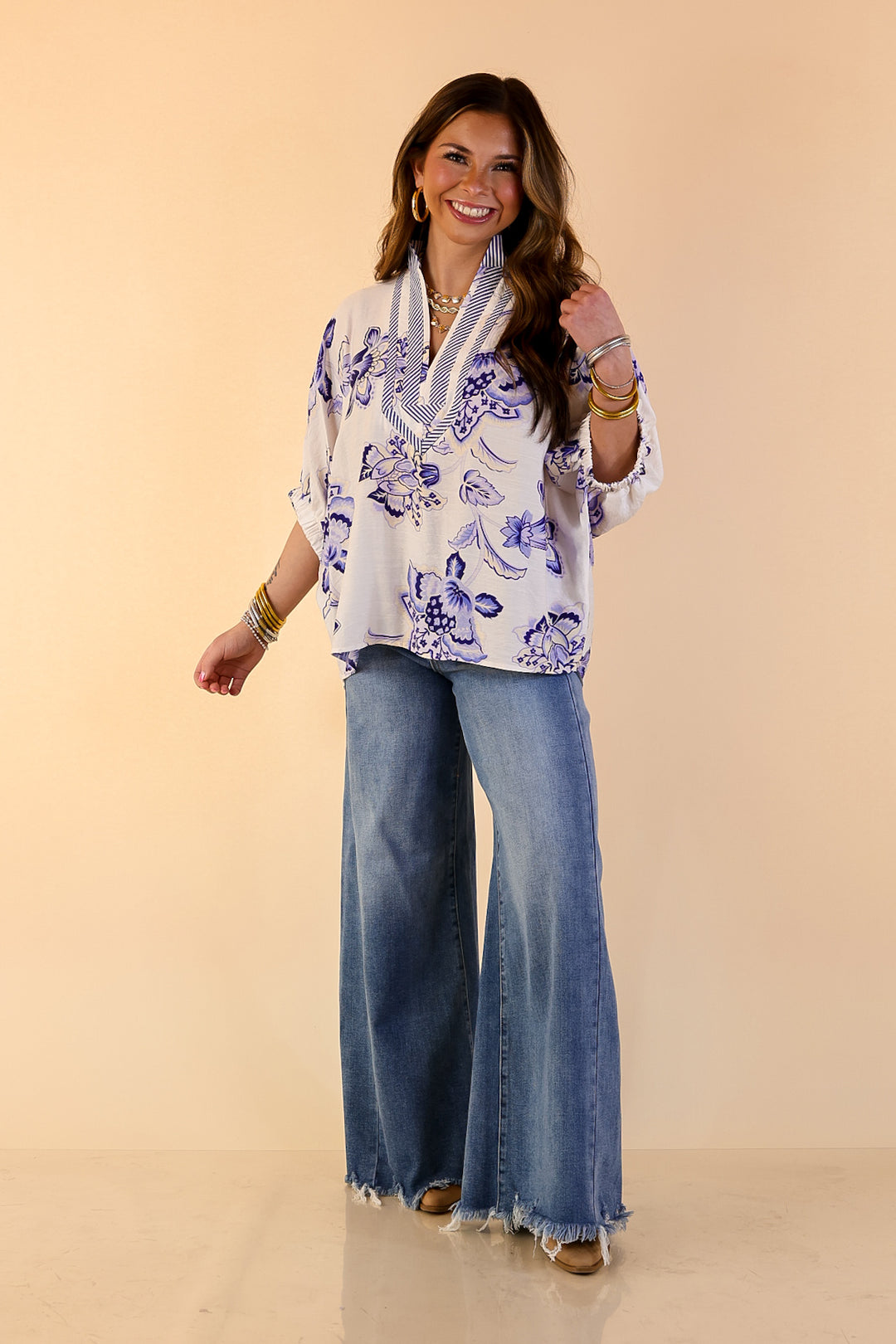 Naturally Stylish Floral Top with Contrast Stripe Trim and Short Dolman Sleeves in Blue and White