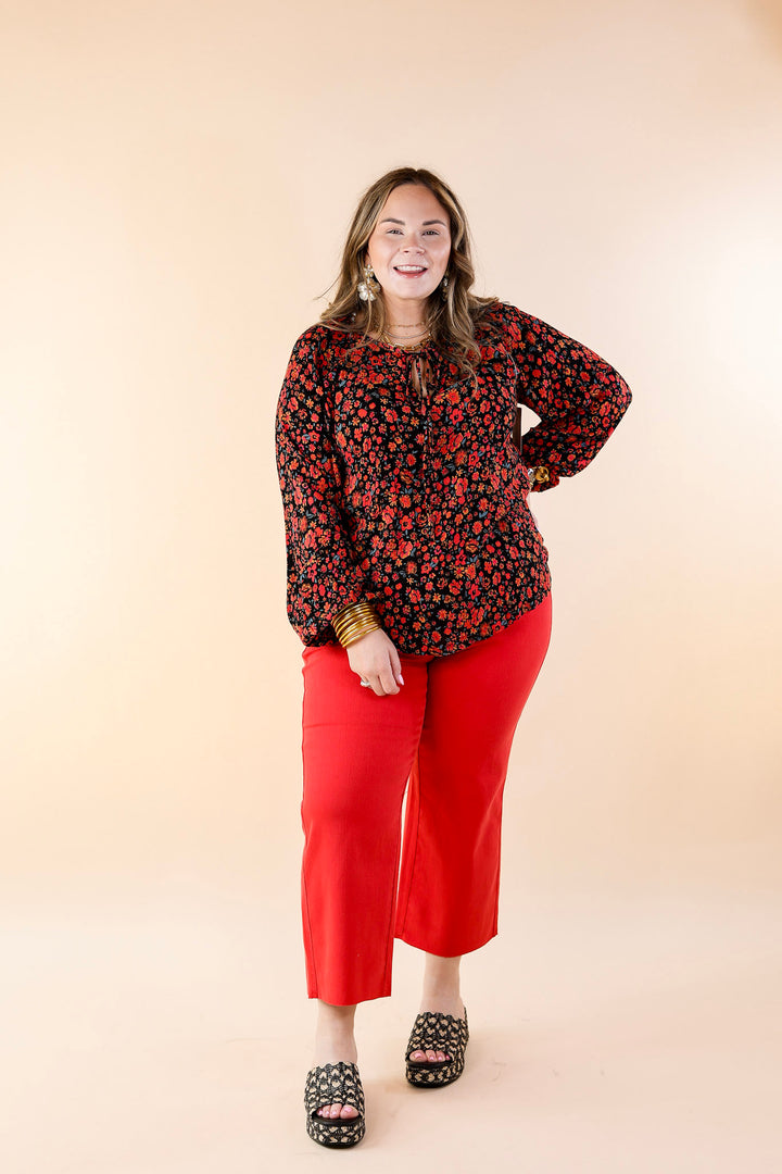 Market Street Memories Floral Print Long Sleeve Top with Front Keyhole in Black - Giddy Up Glamour Boutique