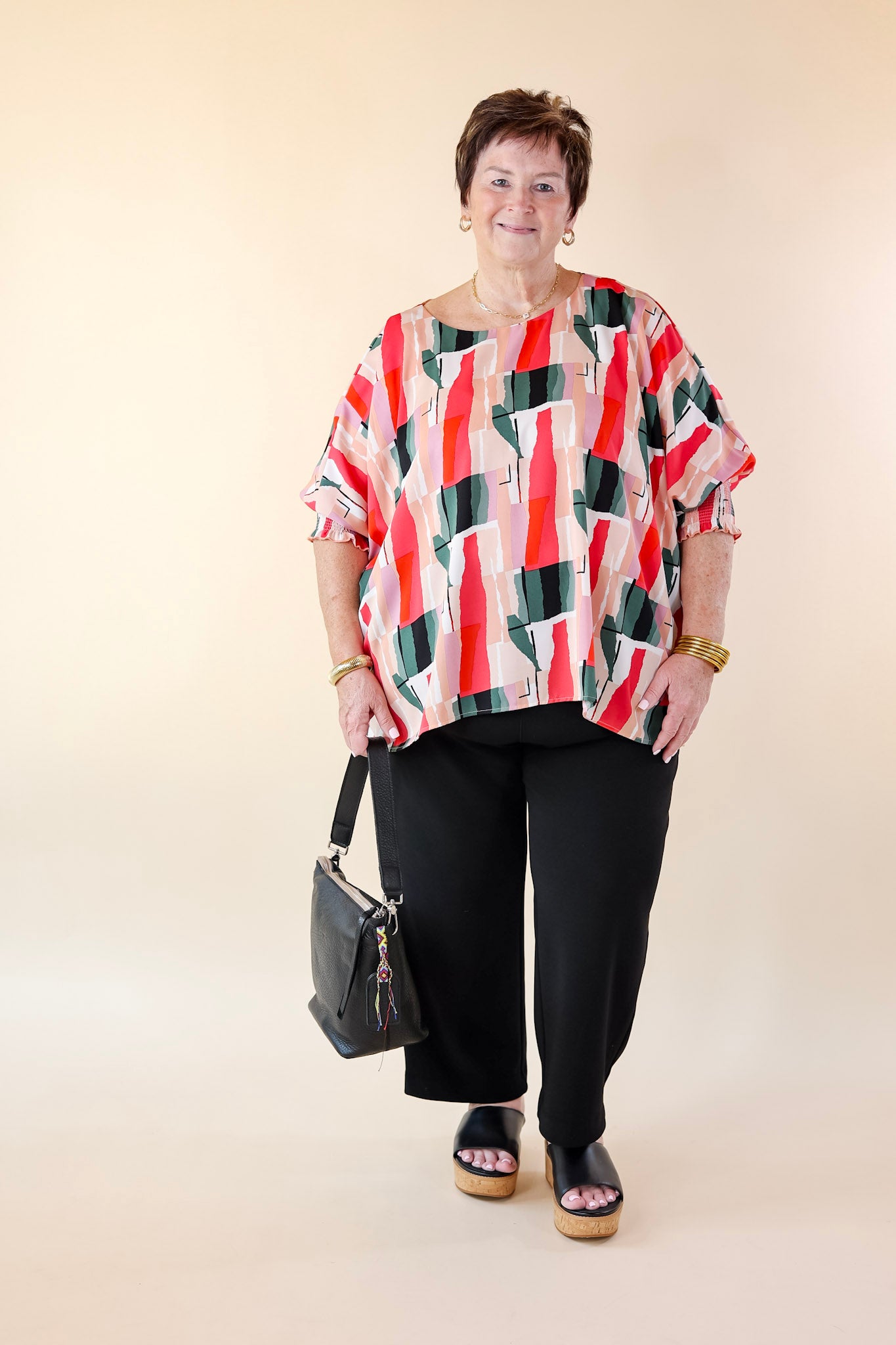 Museum Bound Abstract Print Top in Red and Green - Giddy Up Glamour Boutique
