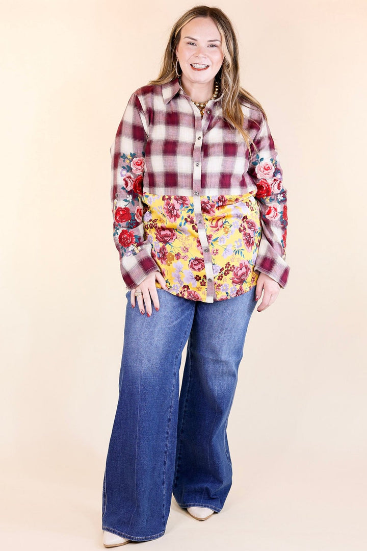 Crisp Air Charm Plaid and Floral Print Long Sleeve Top with Embroidery in Maroon and Mustard Yellow