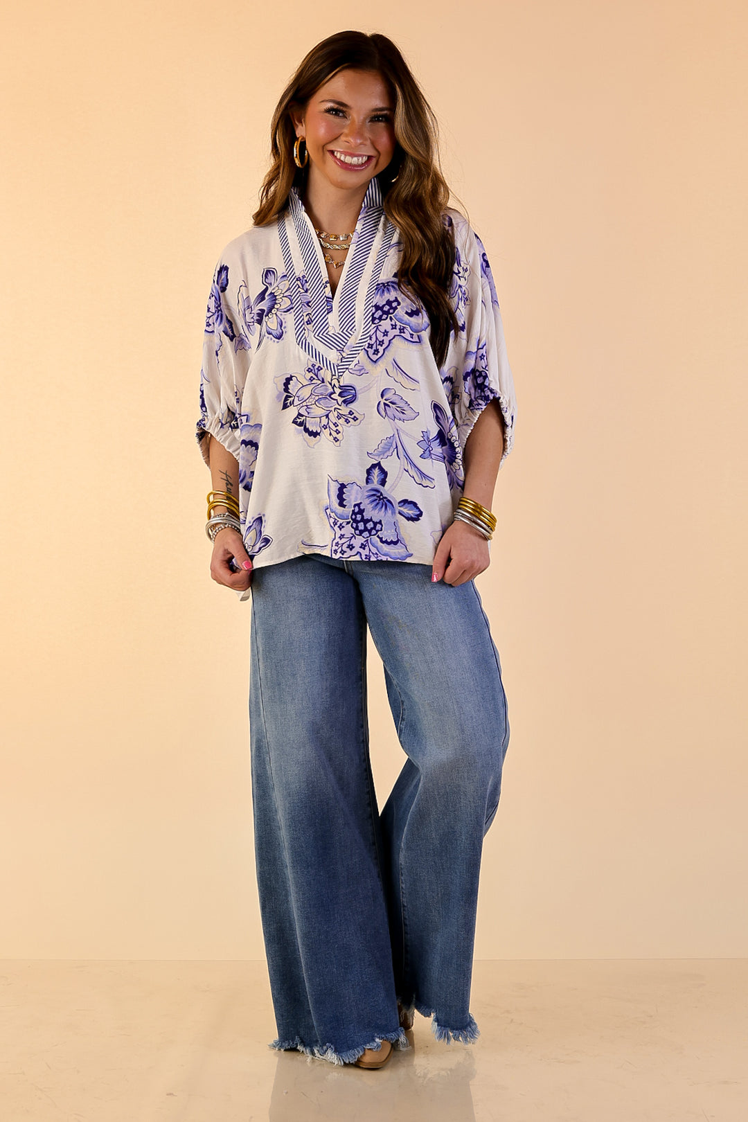 Naturally Stylish Floral Top with Contrast Stripe Trim and Short Dolman Sleeves in Blue and White