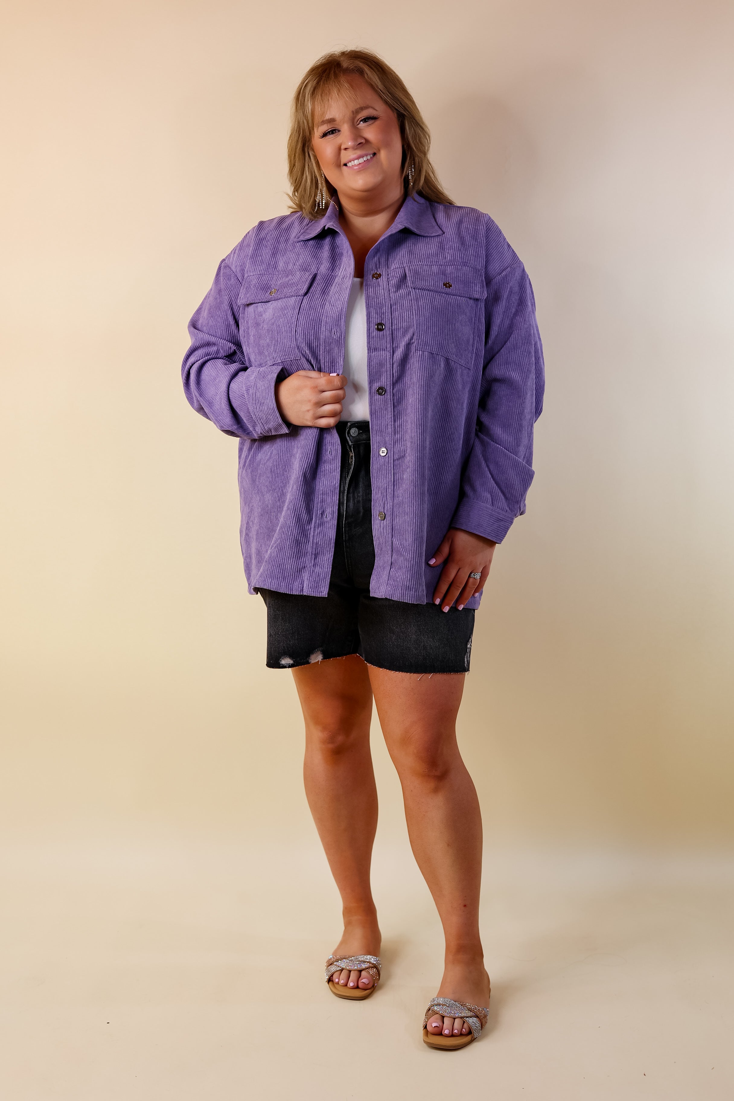 Latte Sips Button Up Corduroy Shacket in Purple Haze - Giddy Up Glamour Boutique