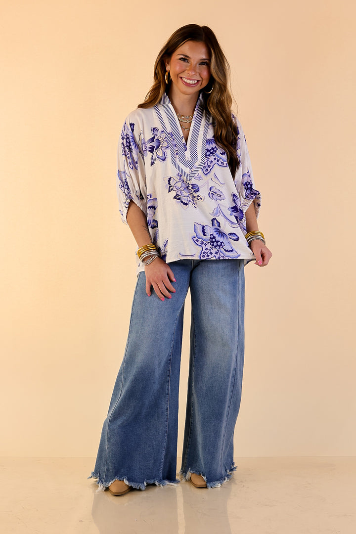 Naturally Stylish Floral Top with Contrast Stripe Trim and Short Dolman Sleeves in Blue and White
