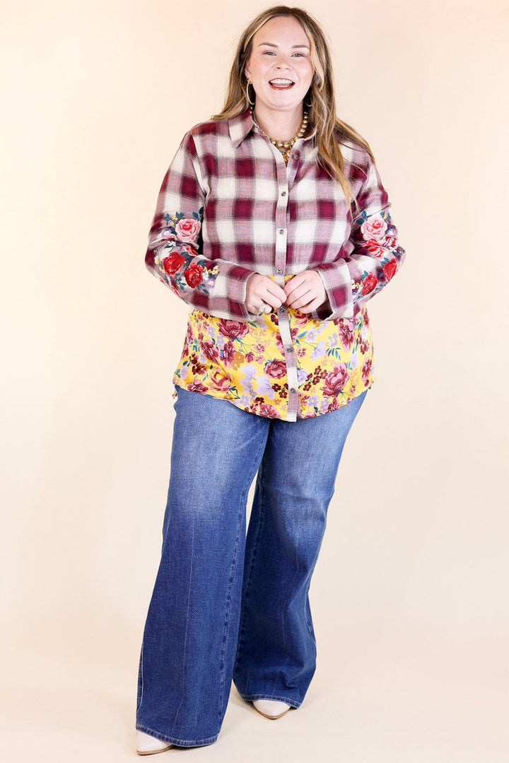 Crisp Air Charm Plaid and Floral Print Long Sleeve Top with Embroidery in Maroon and Mustard Yellow