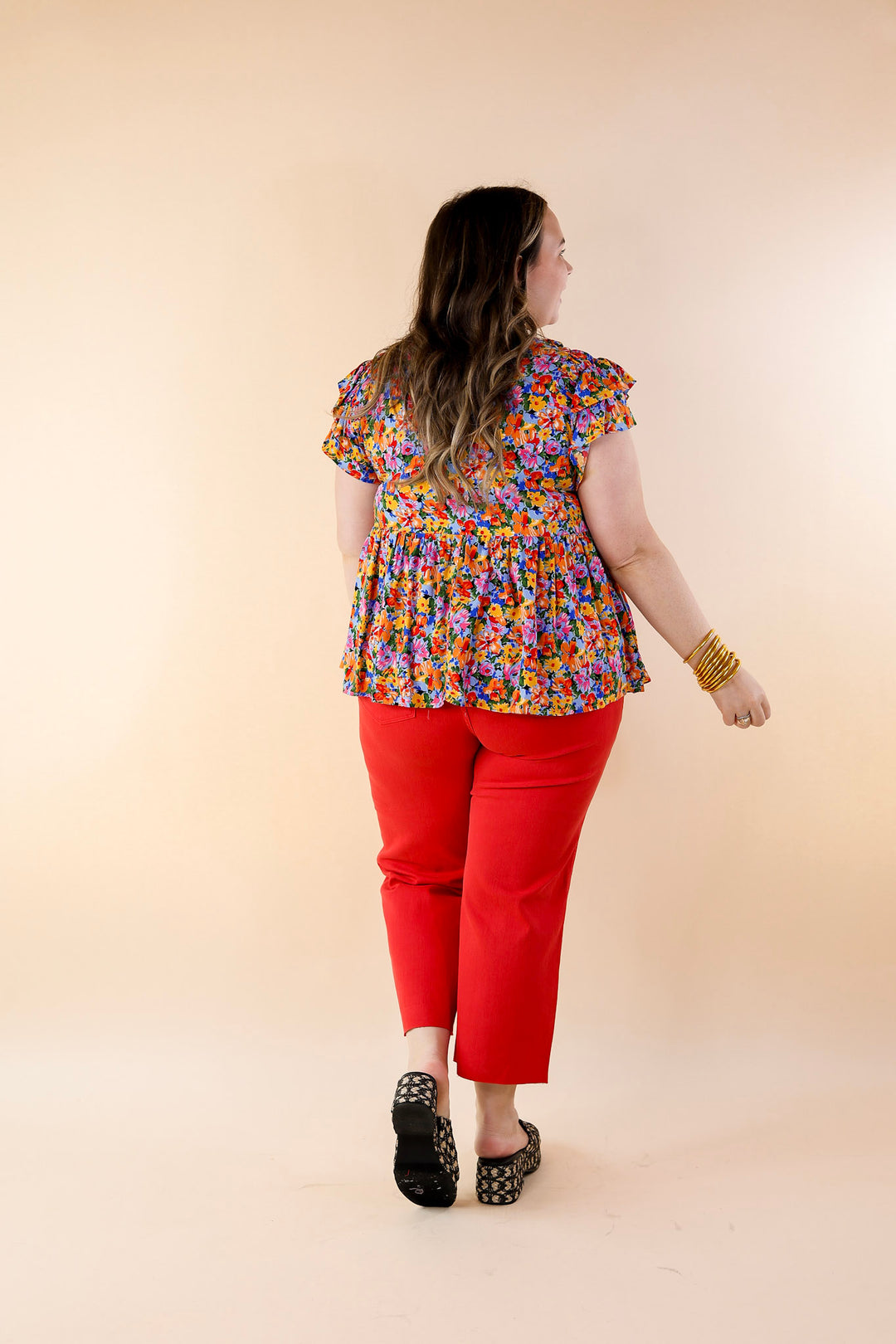 Hello You Floral Print Top with Ruffle Cap Sleeves in Blue Mix - Giddy Up Glamour Boutique