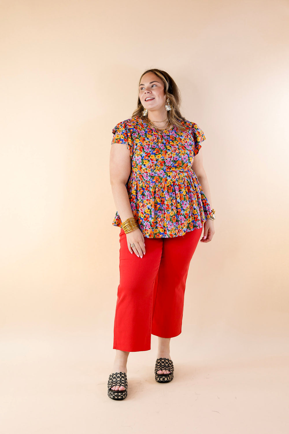 Hello You Floral Print Top with Ruffle Cap Sleeves in Blue Mix - Giddy Up Glamour Boutique