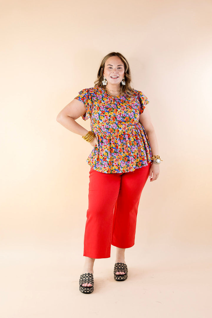 Hello You Floral Print Top with Ruffle Cap Sleeves in Blue Mix - Giddy Up Glamour Boutique