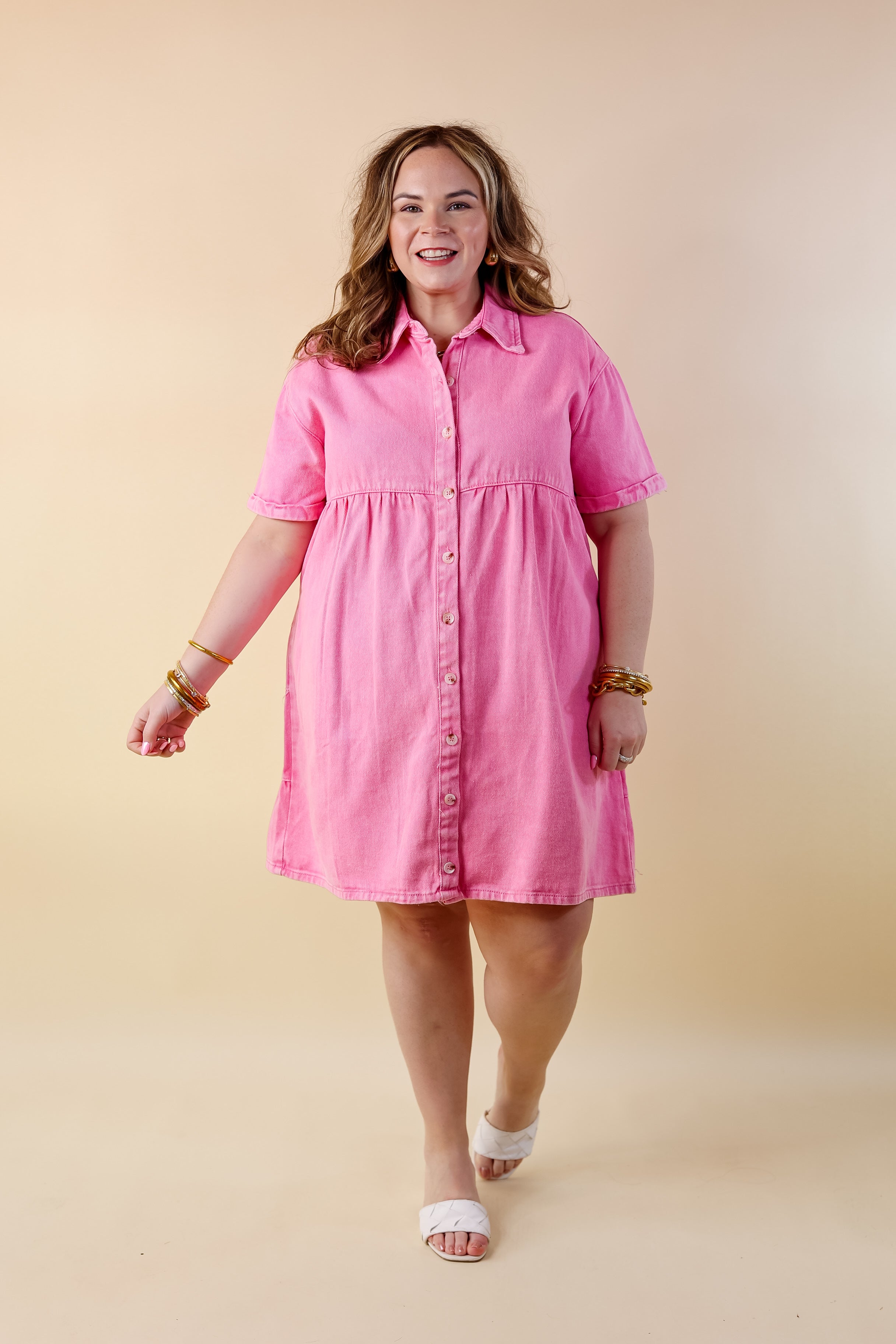 Nice to Meet You Button Up Collared Denim Dress in Pink - Giddy Up Glamour Boutique