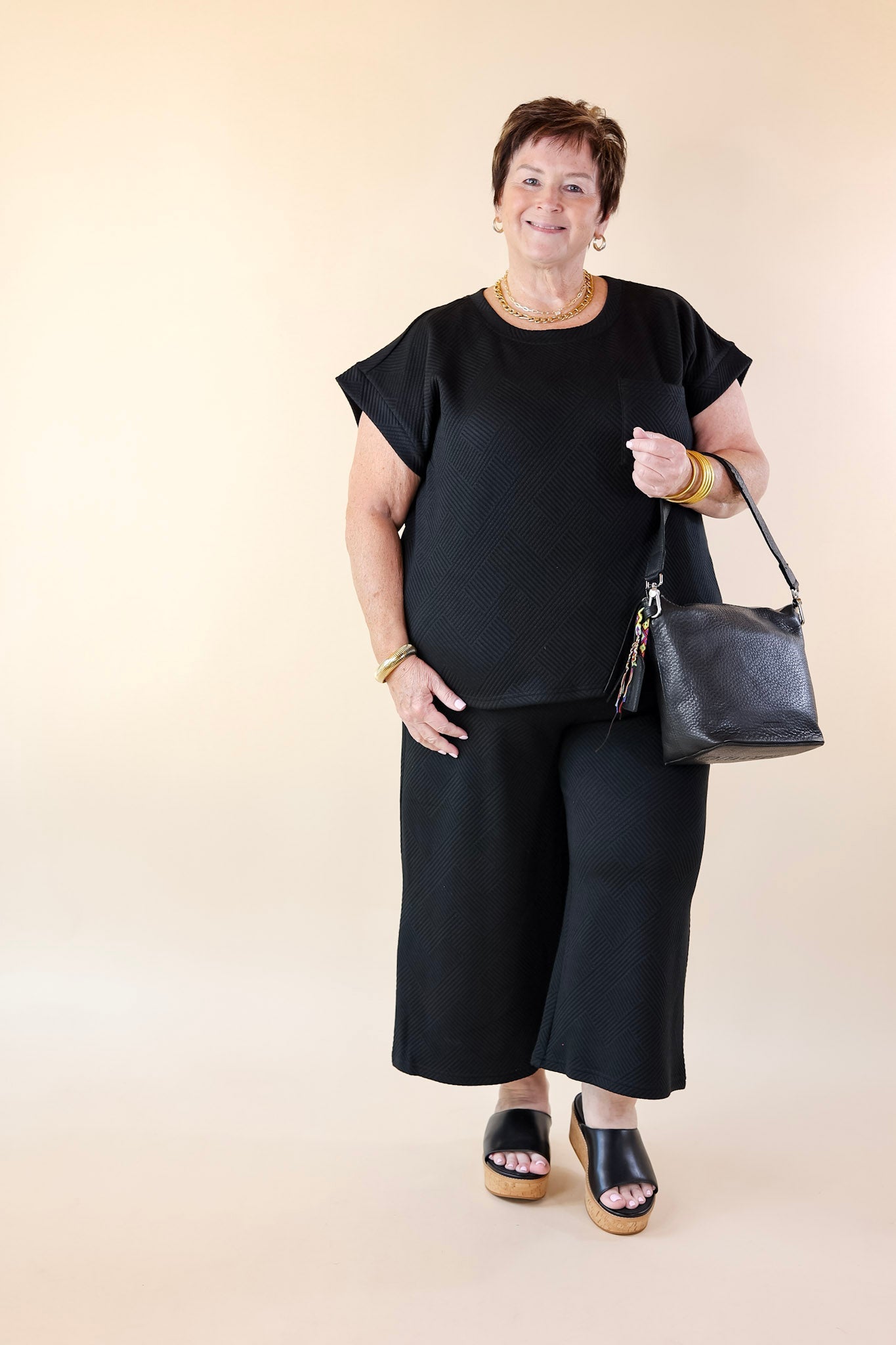 Glamour on the Go Textured Wide Leg Pant in Black - Giddy Up Glamour Boutique