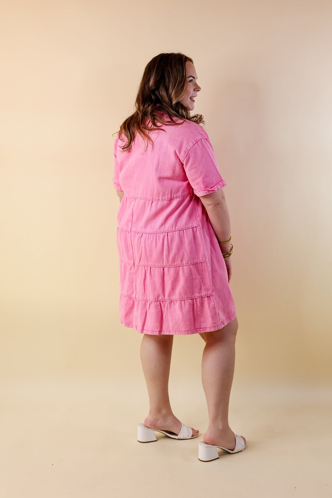 pink boutique denim dress Glow Goddess Mid Wash Stretch Denim Hotfix Dress