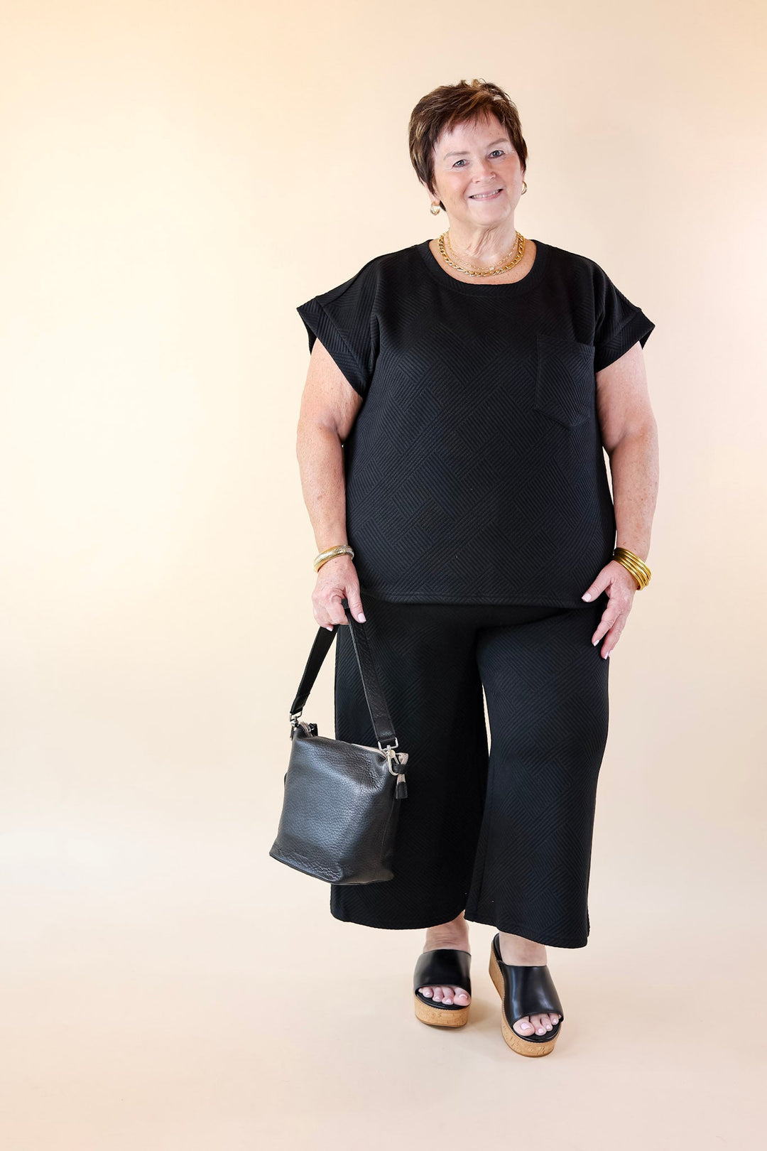 Glamour on the Go Textured Wide Leg Pant in Black - Giddy Up Glamour Boutique