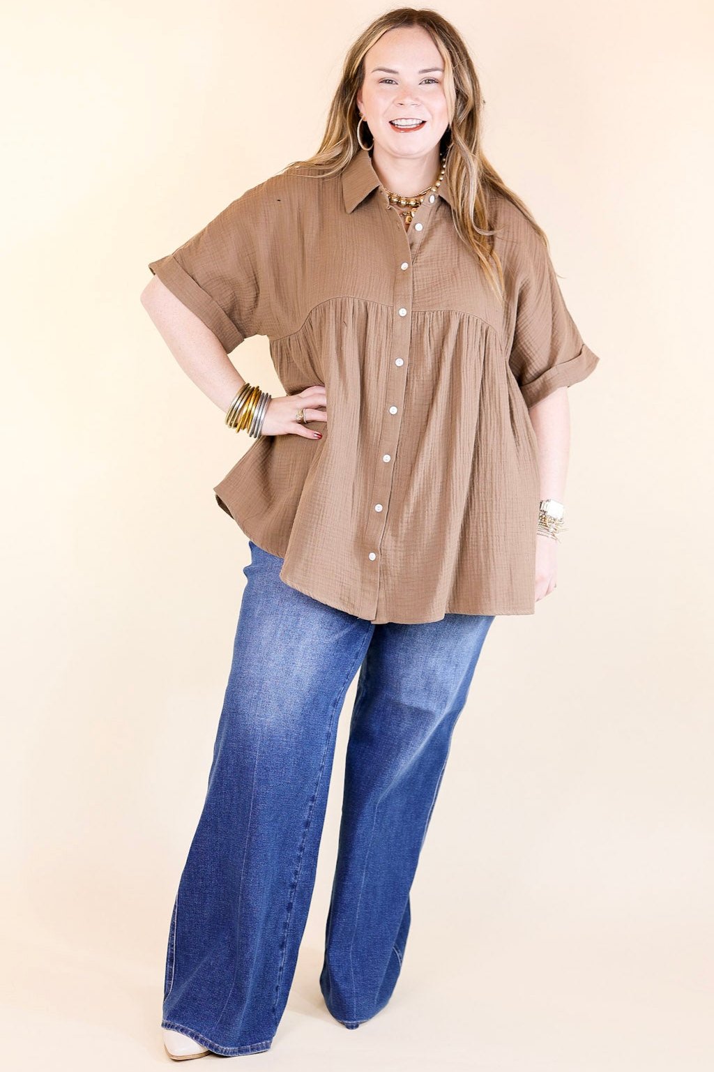 Mellow Mood Collared Button Up Babydoll Top in Mocha Brown