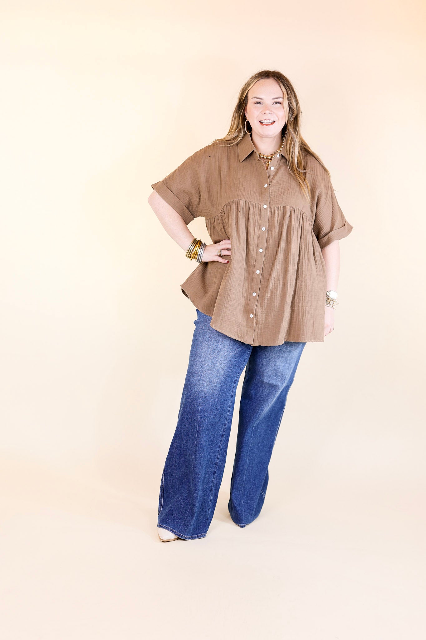 Mellow Mood Collared Button Up Babydoll Top in Mocha Brown