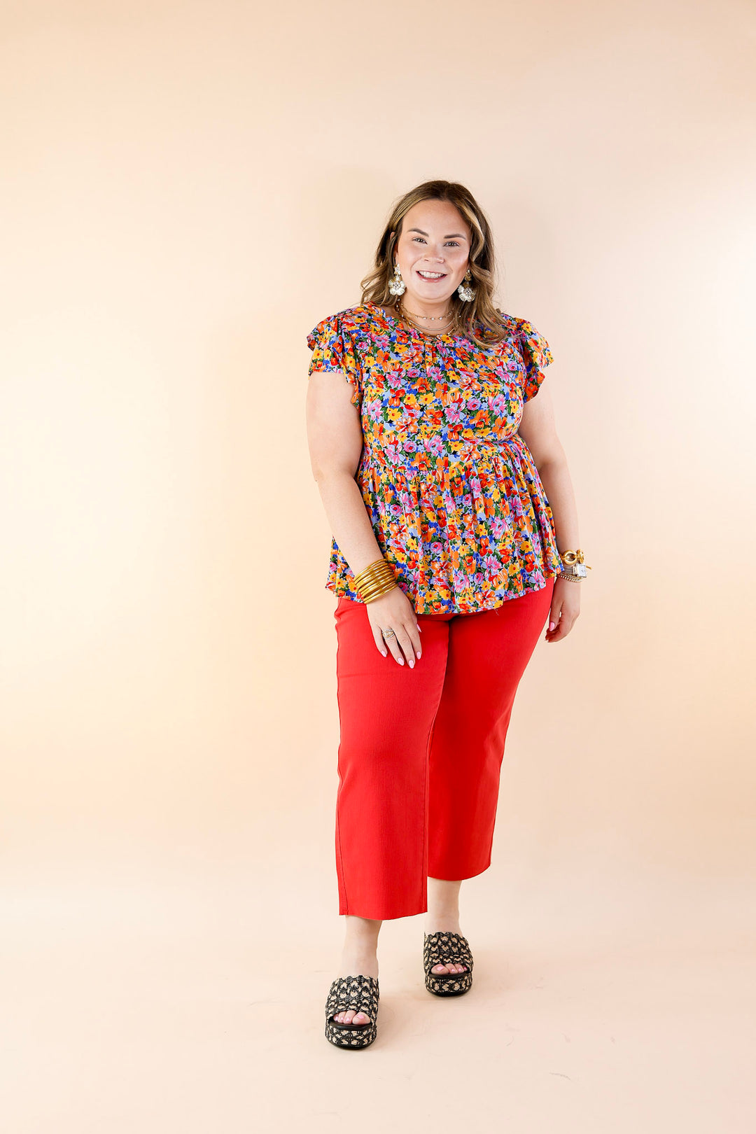 Hello You Floral Print Top with Ruffle Cap Sleeves in Blue Mix - Giddy Up Glamour Boutique