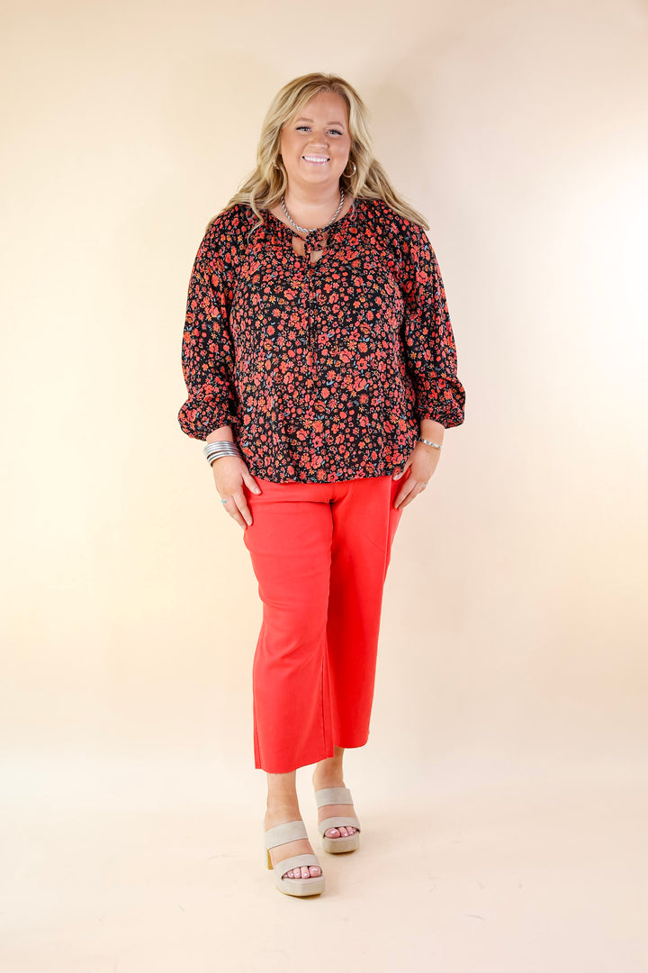 Market Street Memories Floral Print Long Sleeve Top with Front Keyhole in Black - Giddy Up Glamour Boutique