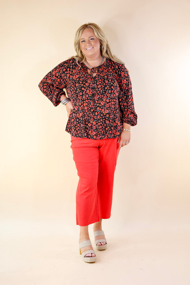 Market Street Memories Floral Print Long Sleeve Top with Front Keyhole in Black - Giddy Up Glamour Boutique