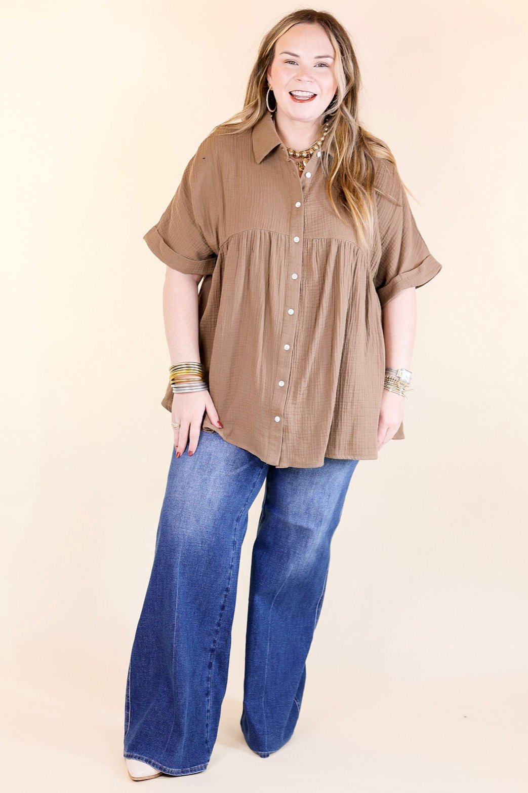 Mellow Mood Collared Button Up Babydoll Top in Mocha Brown