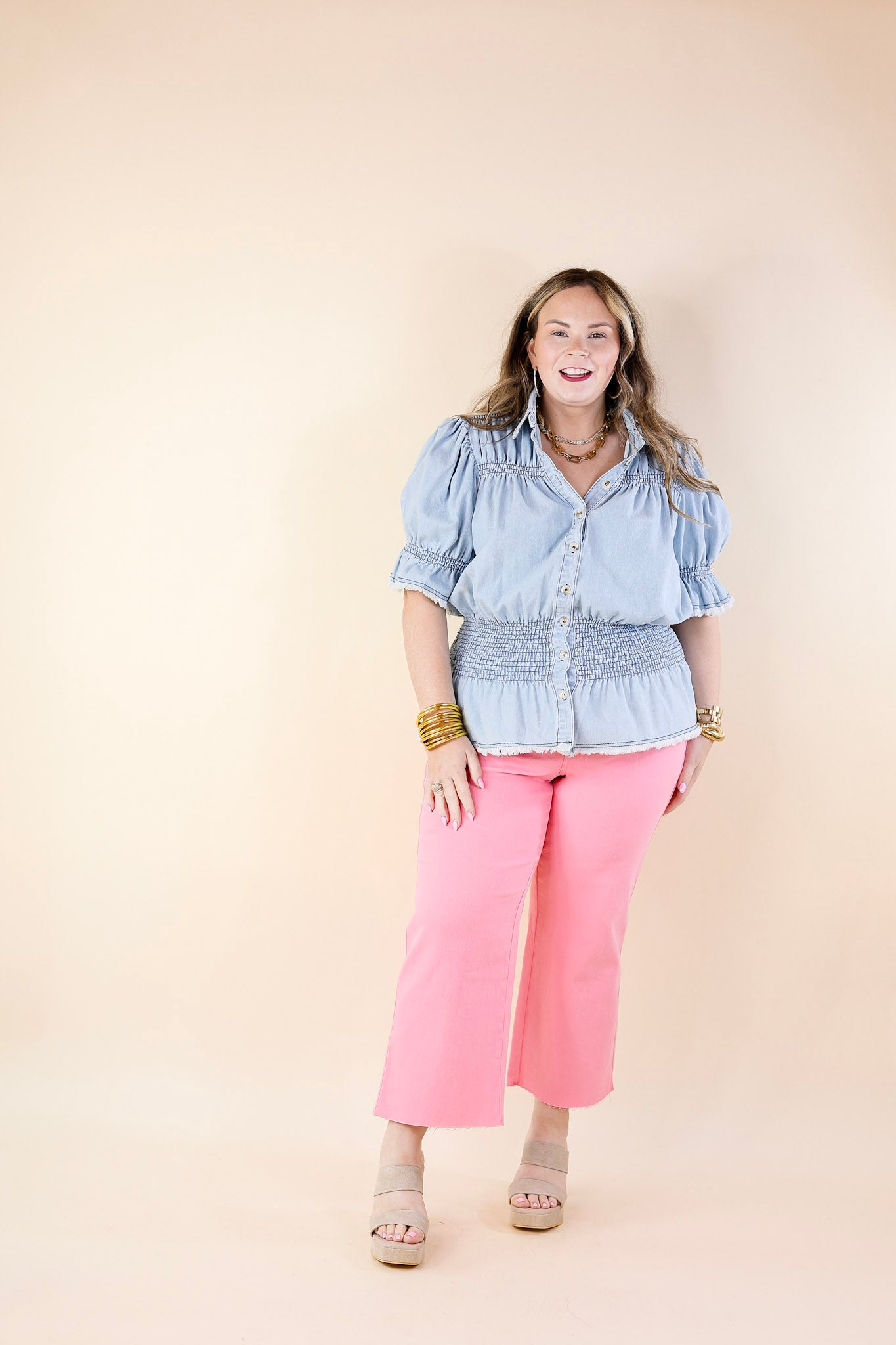 Divine Spark Denim Button Up Peplum Top with Raw Hem in Light Wash - Giddy Up Glamour Boutique