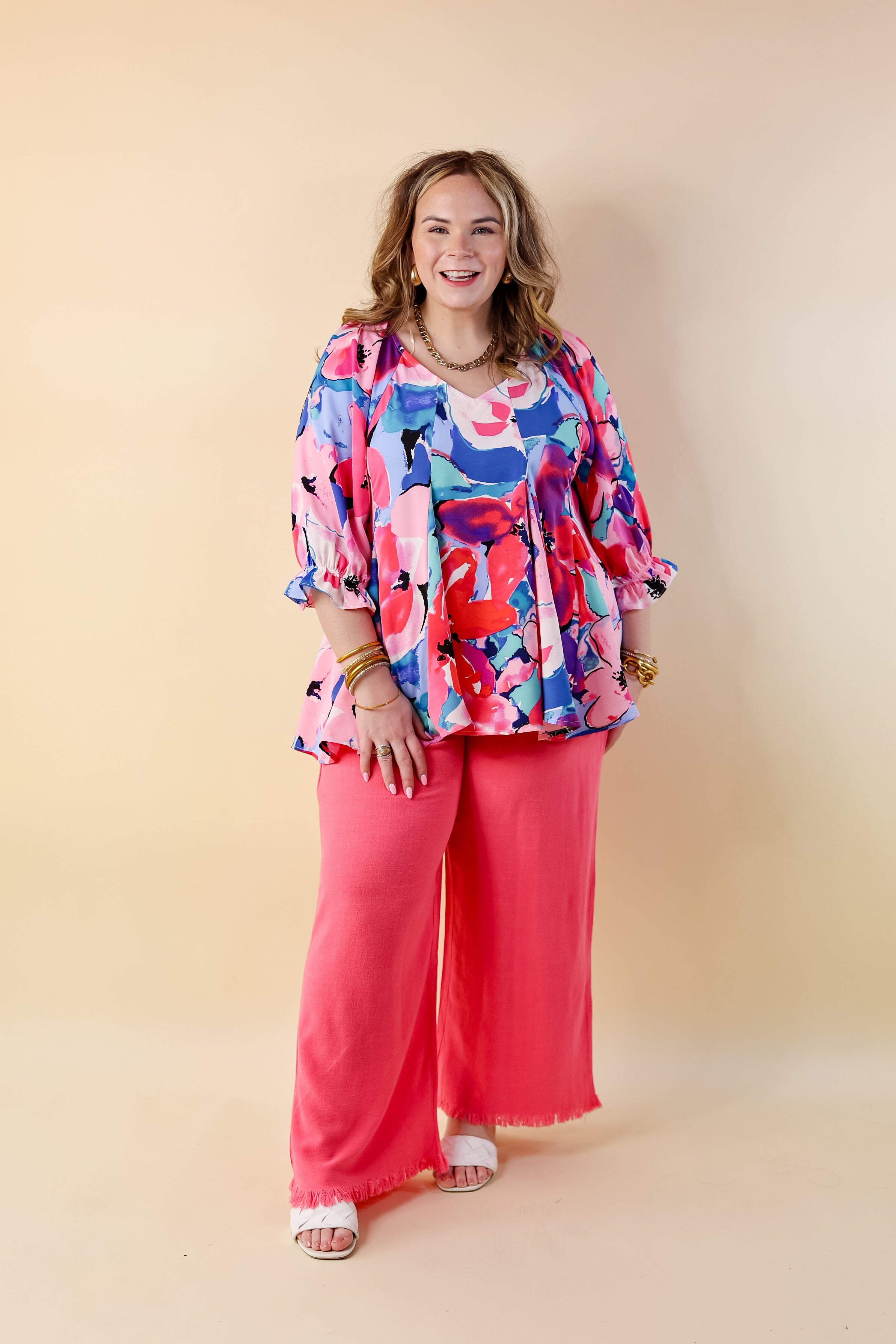 Blooming Love Floral V Neck Top with Half Sleeves in Pink Mix - Giddy Up Glamour Boutique