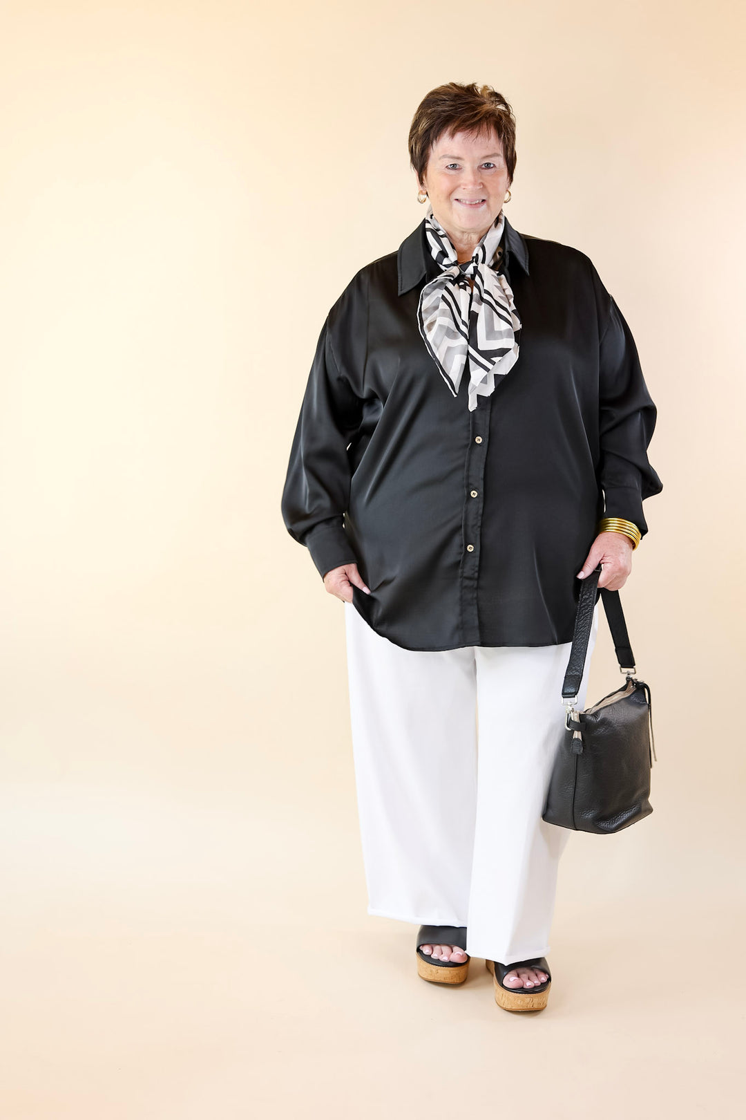 Tell Me Something Good Long Sleeve Button Up Top in Black - Giddy Up Glamour Boutique