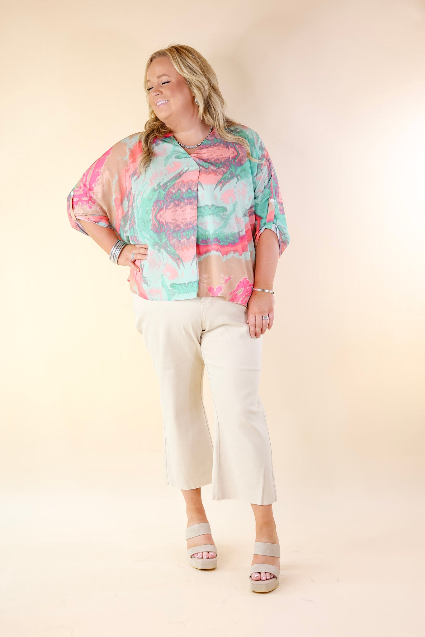 Colorful Dreams Half Sleeve Top With Pink Marble Print in Beige - Giddy Up Glamour Boutique