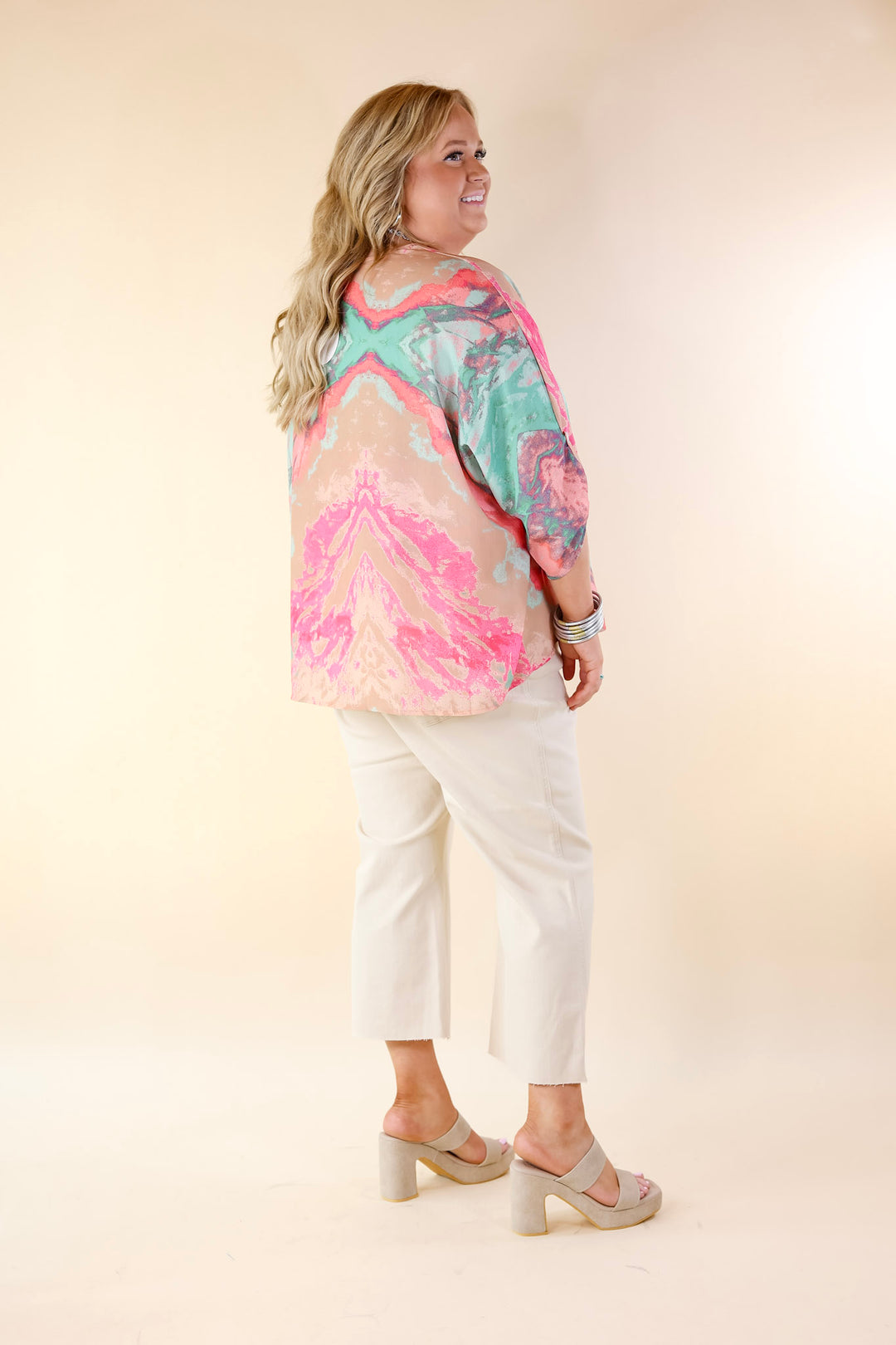 Colorful Dreams Half Sleeve Top With Pink Marble Print in Beige - Giddy Up Glamour Boutique
