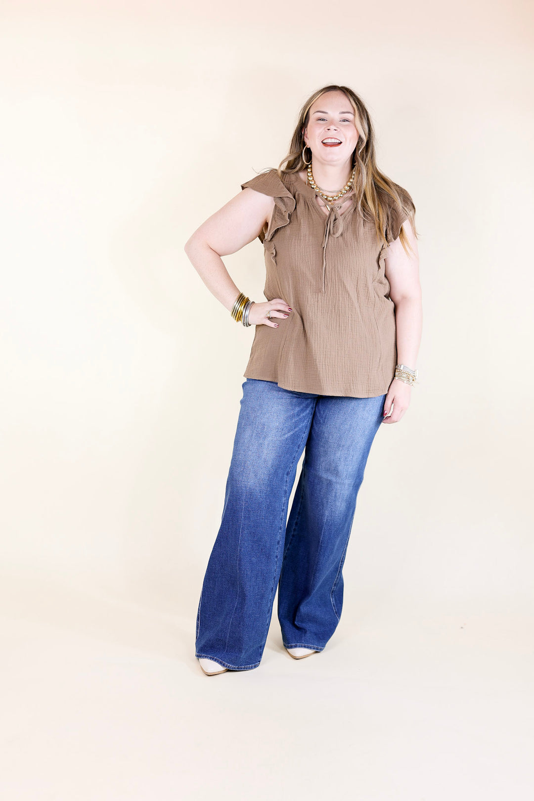 Dual Season Delight Ruffle Cap Sleeve Top with Keyhole and Tie Neckline in Mocha Brown