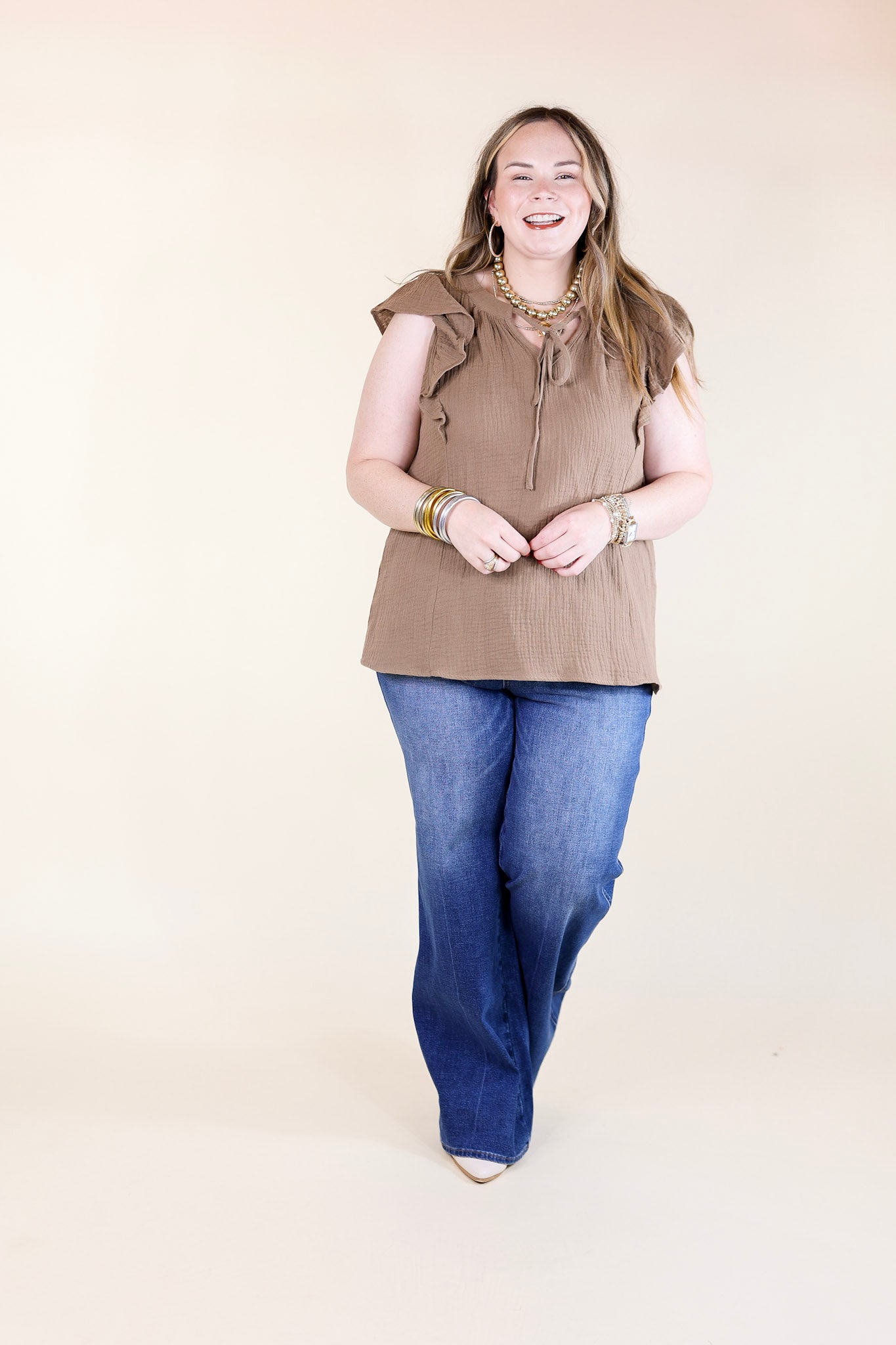 Dual Season Delight Ruffle Cap Sleeve Top with Keyhole and Tie Neckline in Mocha Brown