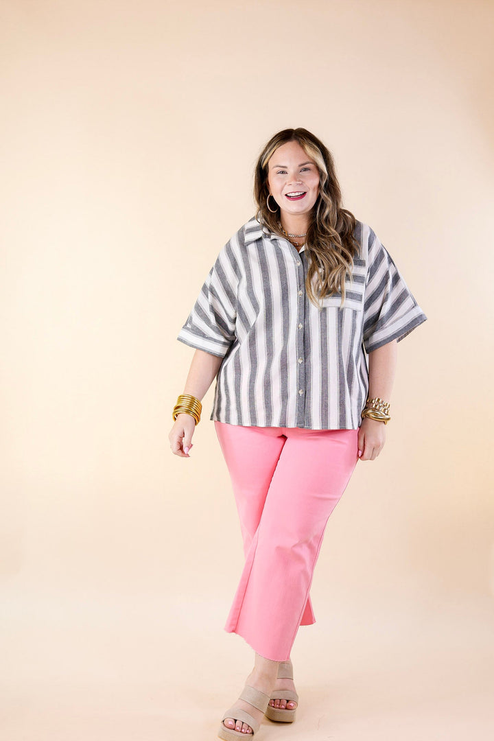 Down The Beach Button Up Striped Top in Ivory and Grey - Giddy Up Glamour Boutique