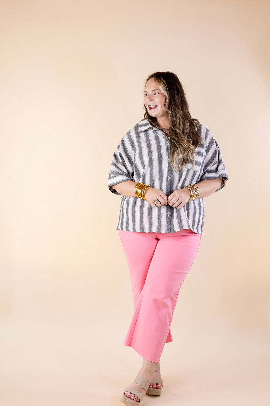Down The Beach Button Up Striped Top in Ivory and Grey - Giddy Up Glamour Boutique