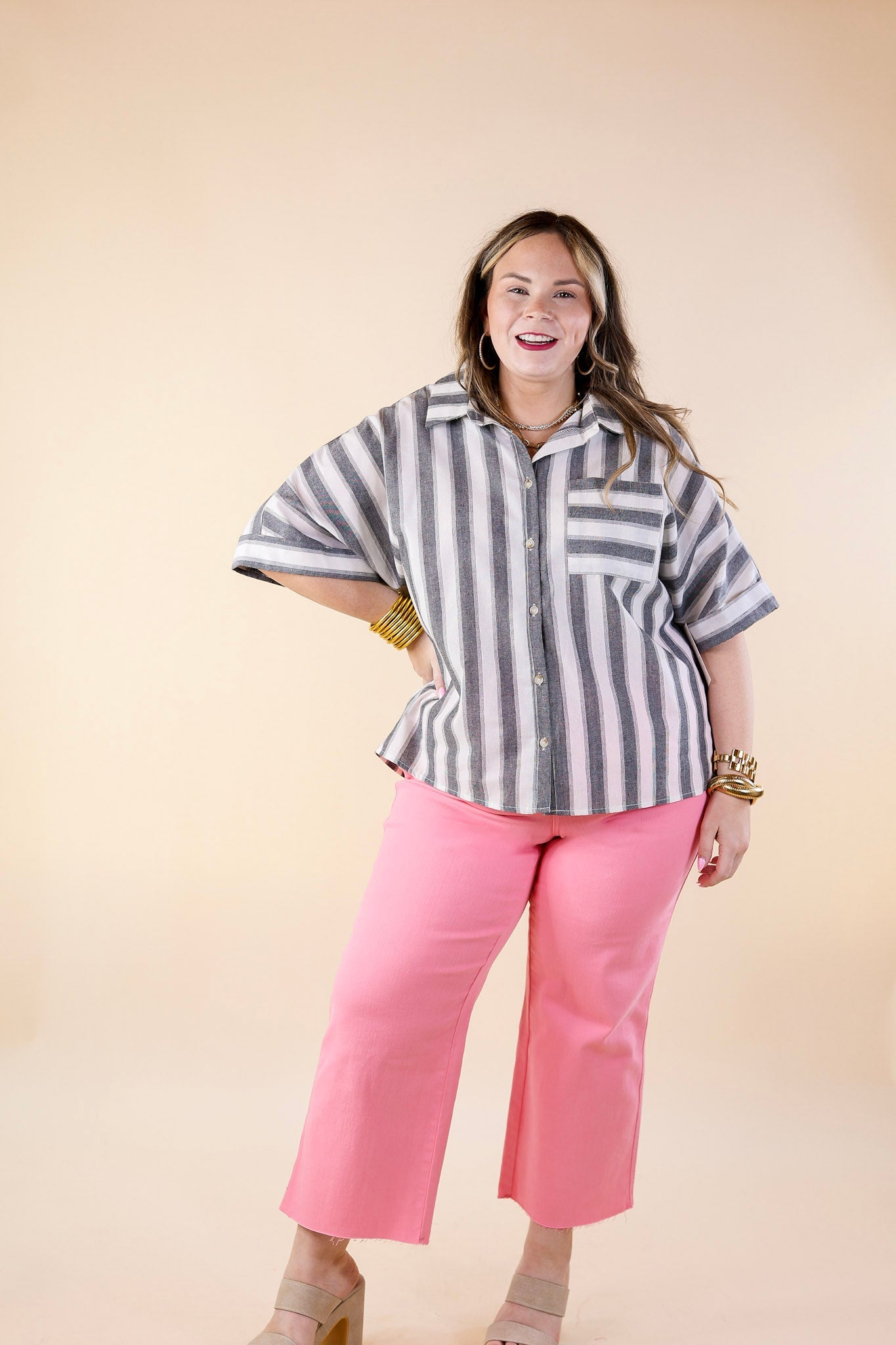 Down The Beach Button Up Striped Top in Ivory and Grey - Giddy Up Glamour Boutique