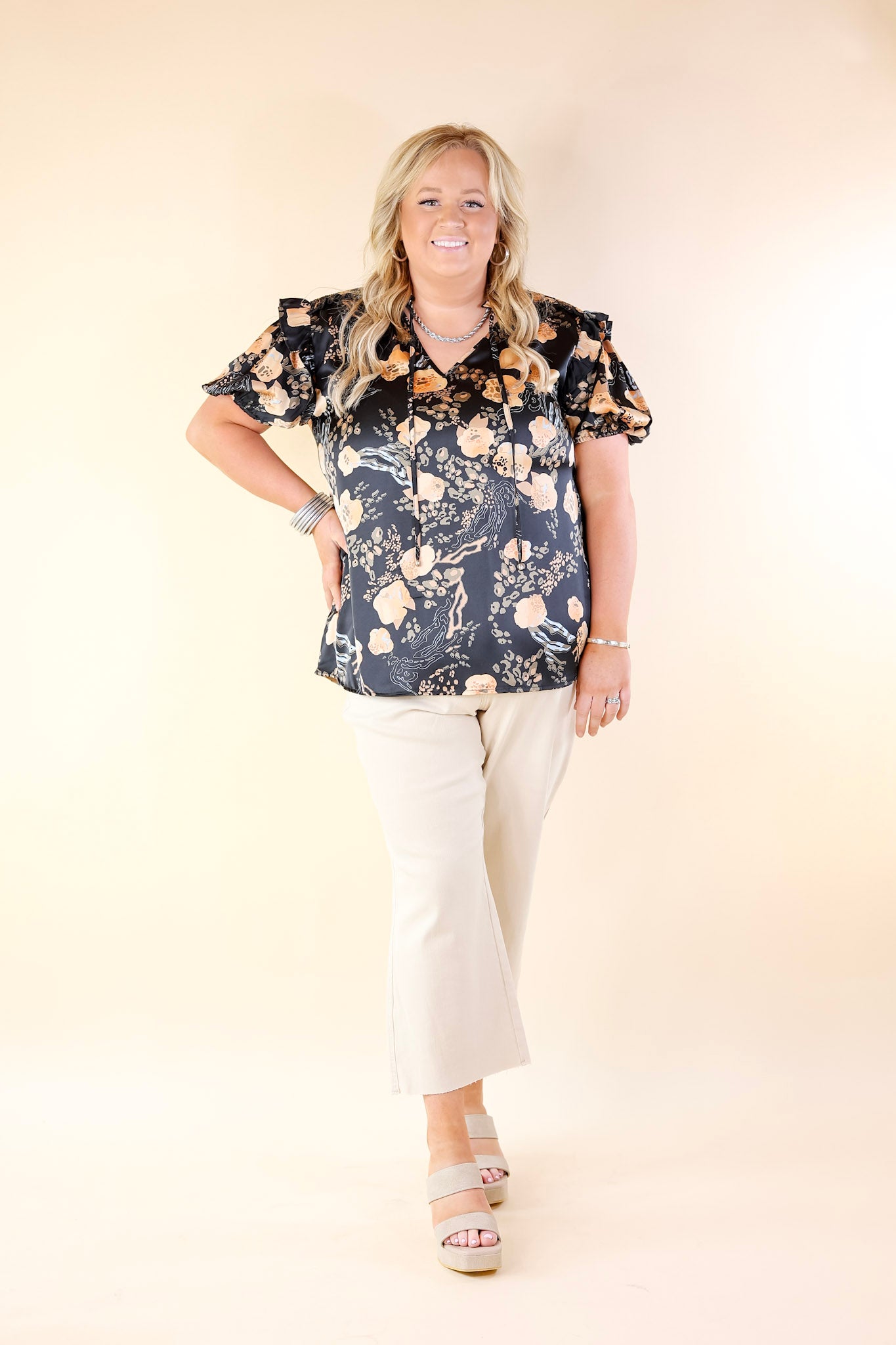 One And Only Mix Print Satin Blouse with Keyhole Front in Black - Giddy Up Glamour Boutique