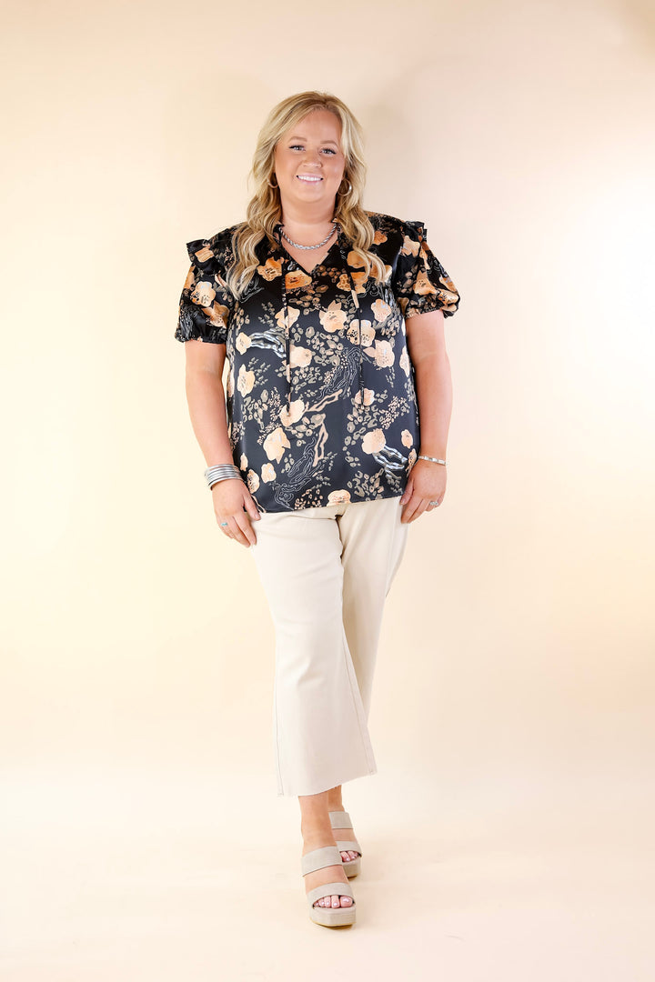 One And Only Mix Print Satin Blouse with Keyhole Front in Black - Giddy Up Glamour Boutique