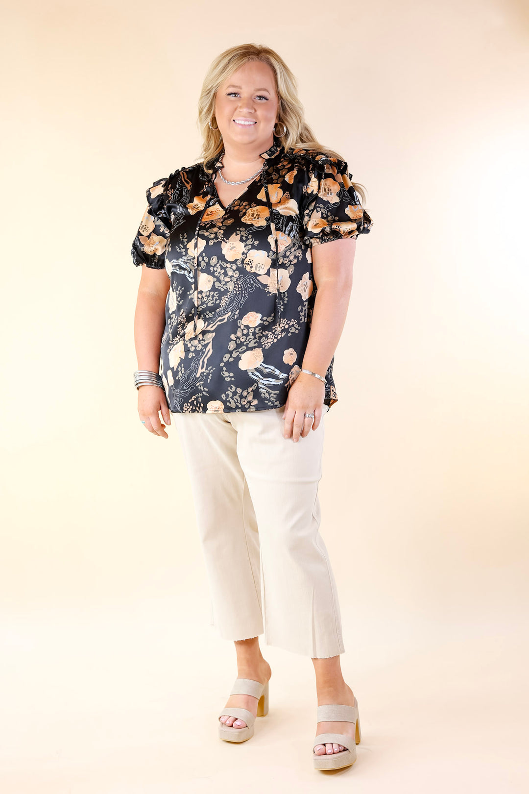 One And Only Mix Print Satin Blouse with Keyhole Front in Black - Giddy Up Glamour Boutique