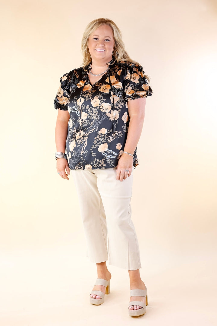 One And Only Mix Print Satin Blouse with Keyhole Front in Black - Giddy Up Glamour Boutique