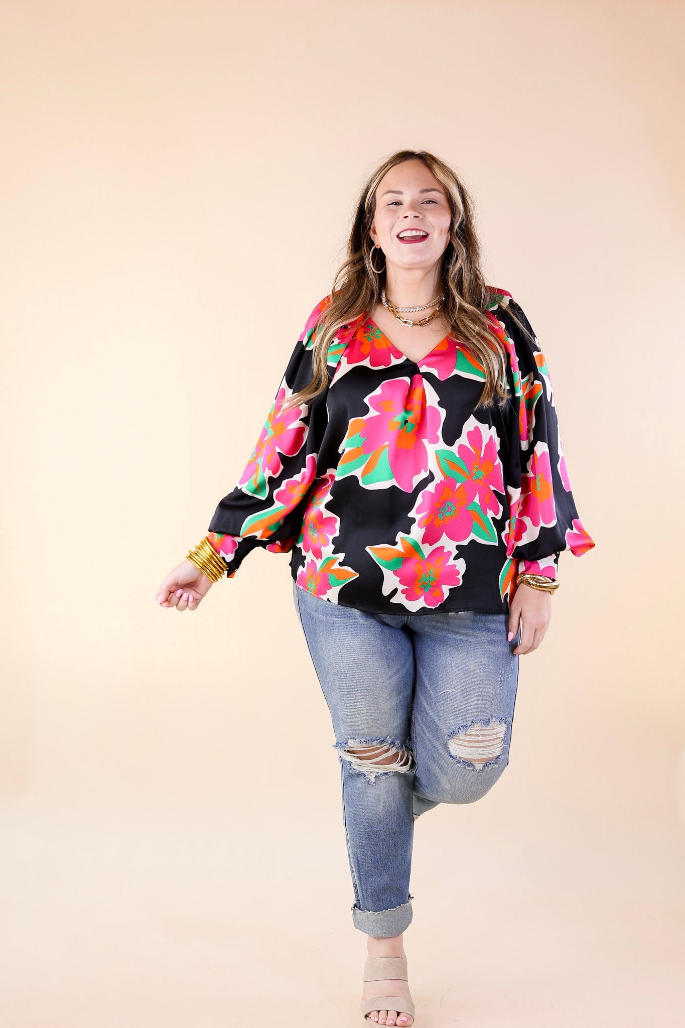 Peony Path Long Sleeve Floral Top with V Neckline in Black - Giddy Up Glamour Boutique
