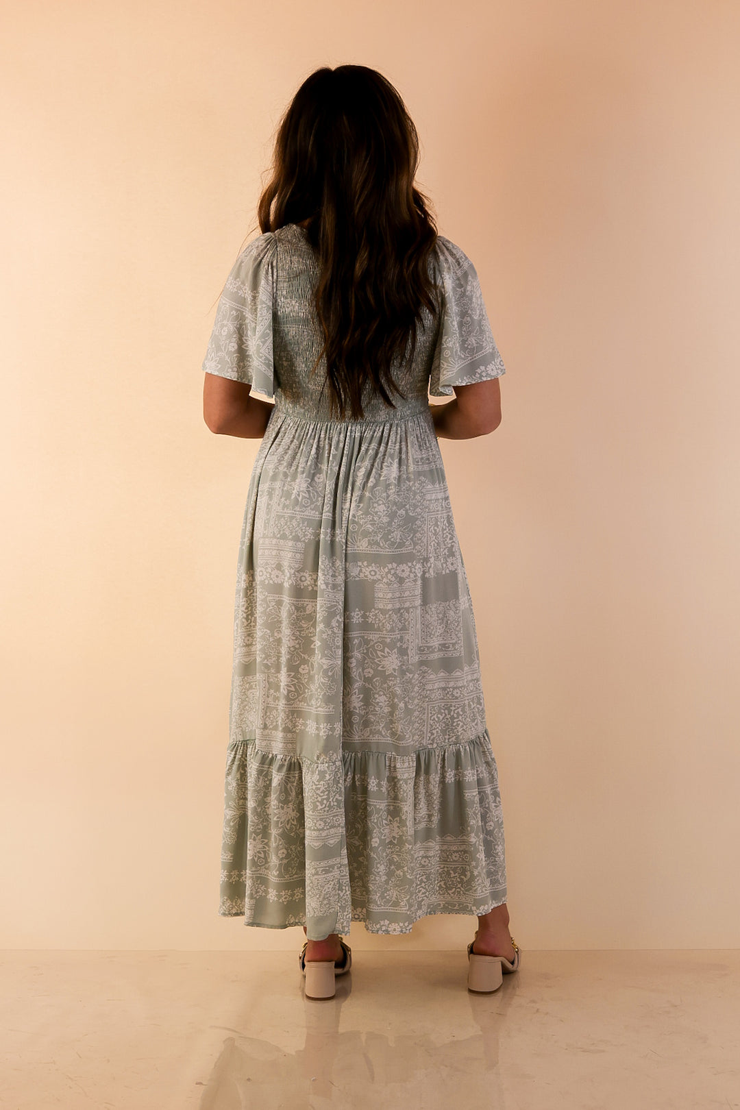 Adore The Shore Block Print Midi Dress with Smocked Bodice in Sage Green