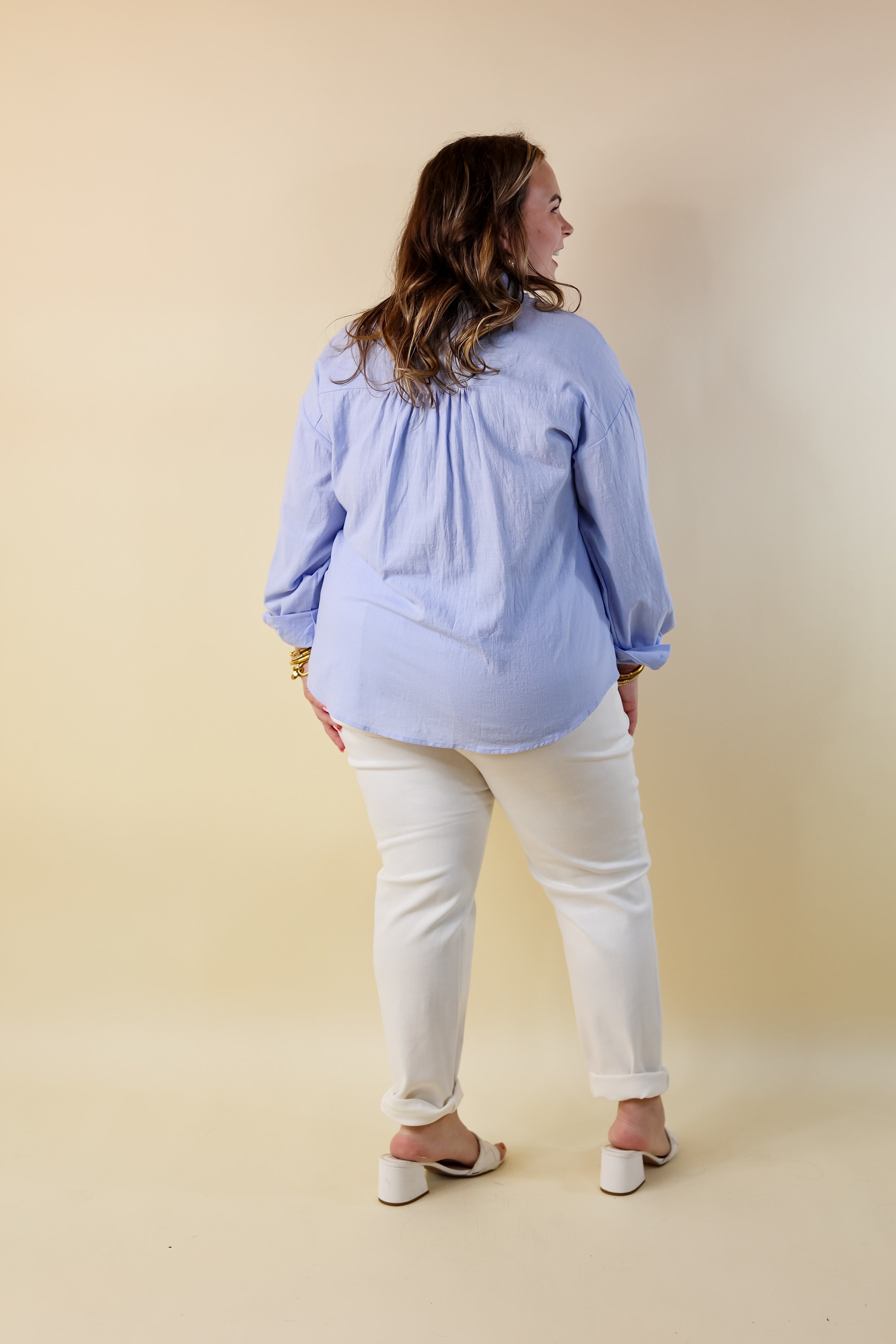 Don't Let Me Down Button Up Long Sleeve Top in Sky Blue - Giddy Up Glamour Boutique