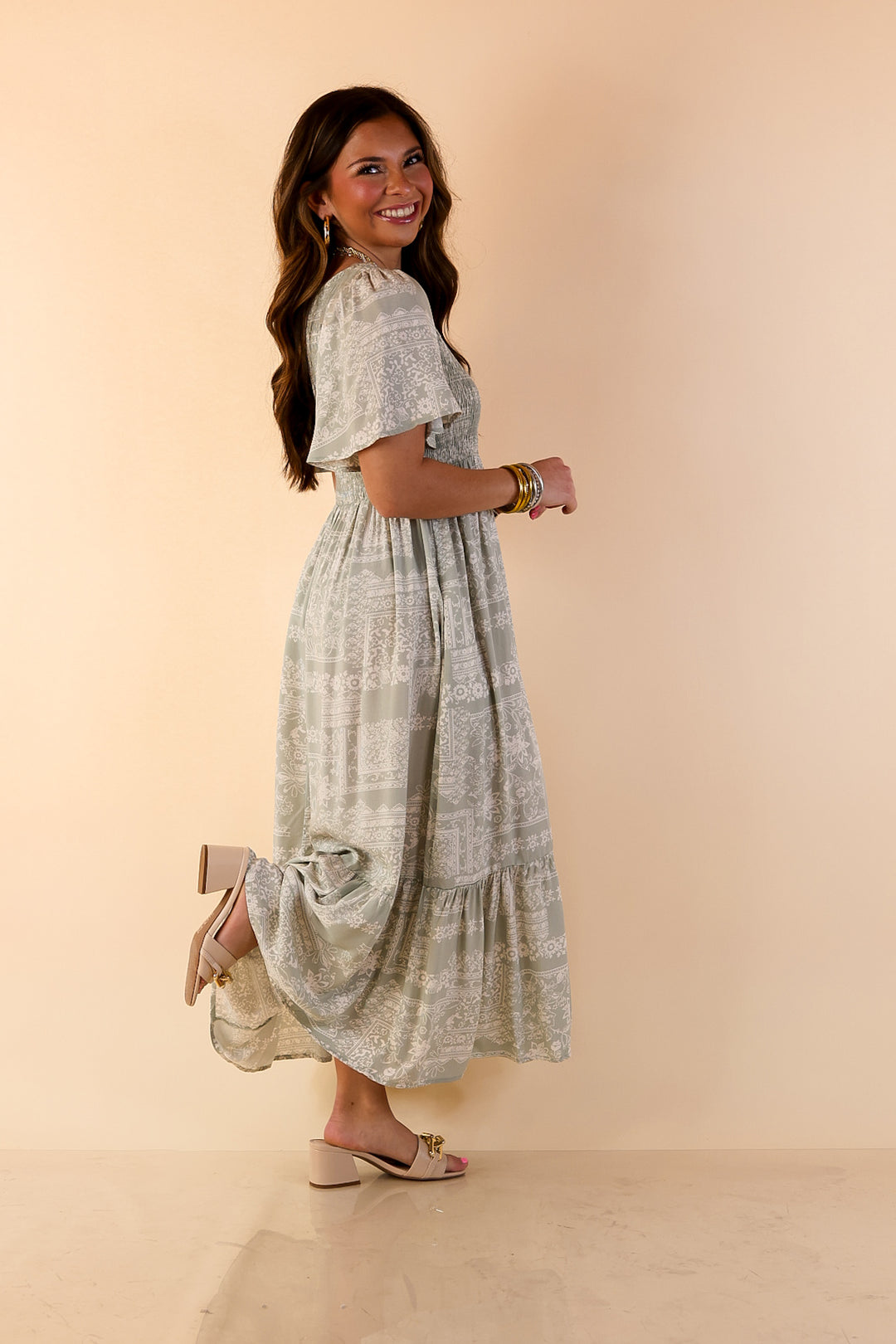 Adore The Shore Block Print Midi Dress with Smocked Bodice in Sage Green