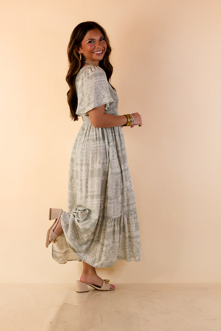 Adore The Shore Block Print Midi Dress with Smocked Bodice in Sage Green