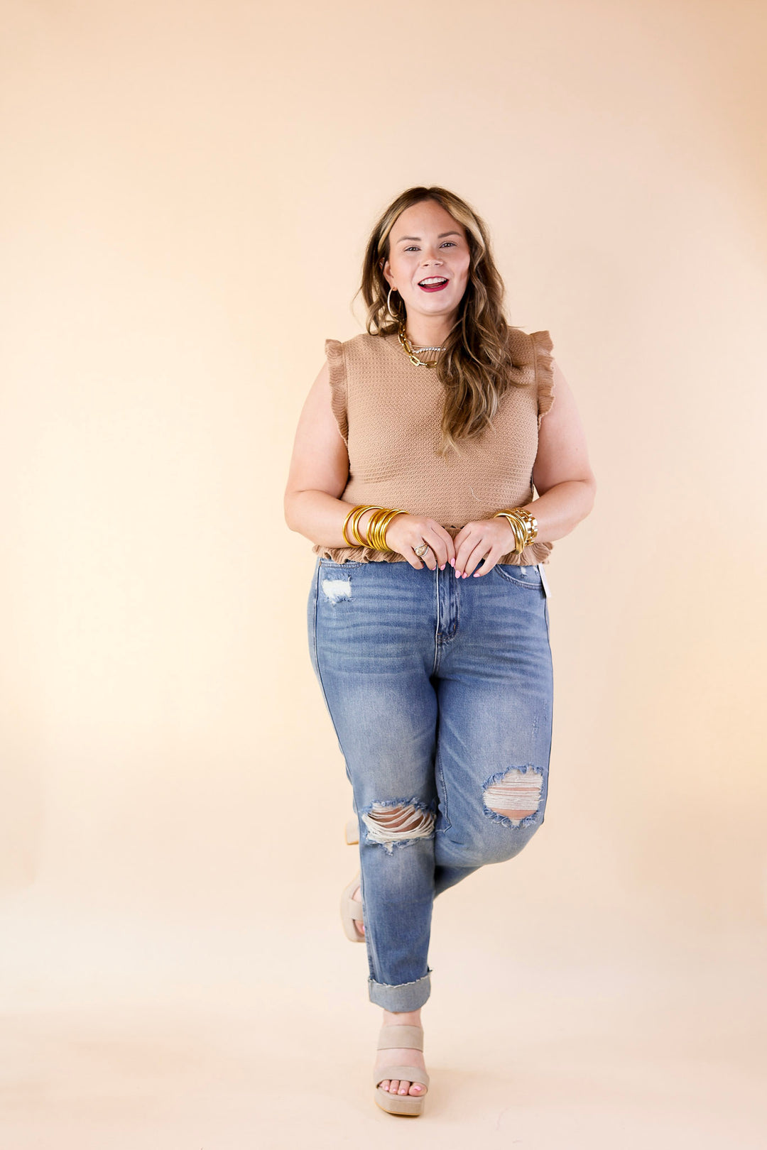 Breezy Baby Cropped Sweater with Ruffle Cap Sleeves in Mocha - Giddy Up Glamour Boutique