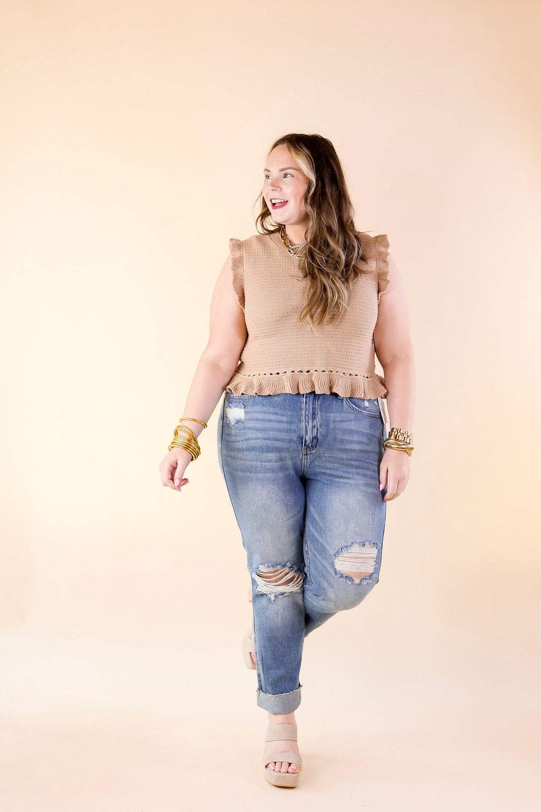 Breezy Baby Cropped Sweater with Ruffle Cap Sleeves in Mocha - Giddy Up Glamour Boutique