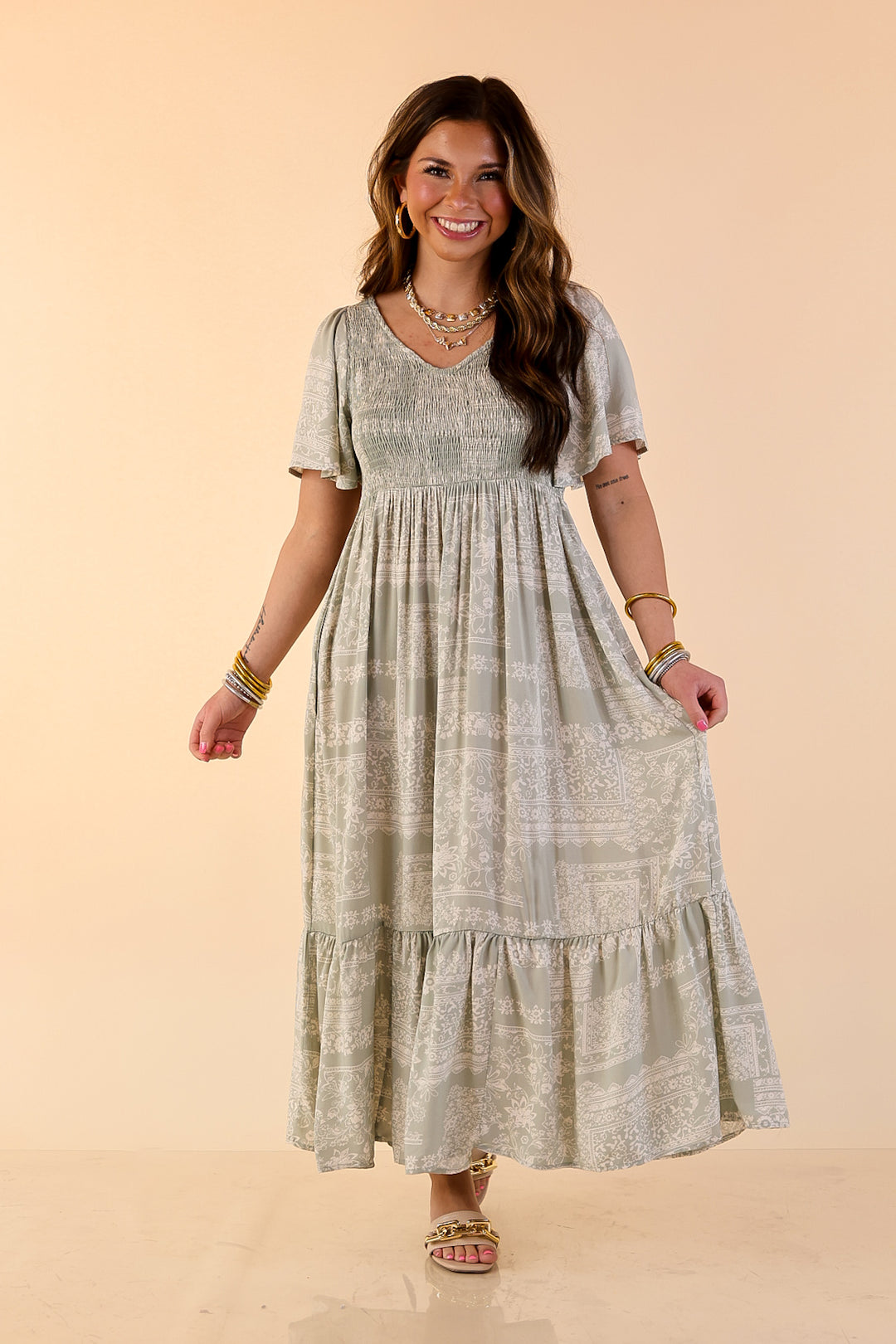 Adore The Shore Block Print Midi Dress with Smocked Bodice in Sage Green