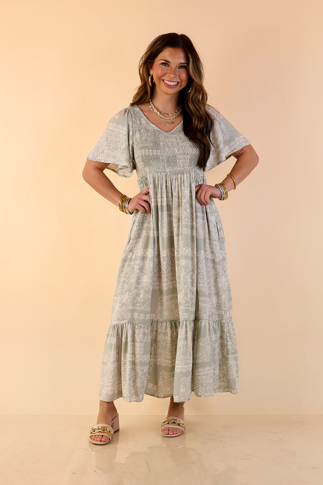 Adore The Shore Block Print Midi Dress with Smocked Bodice in Sage Green