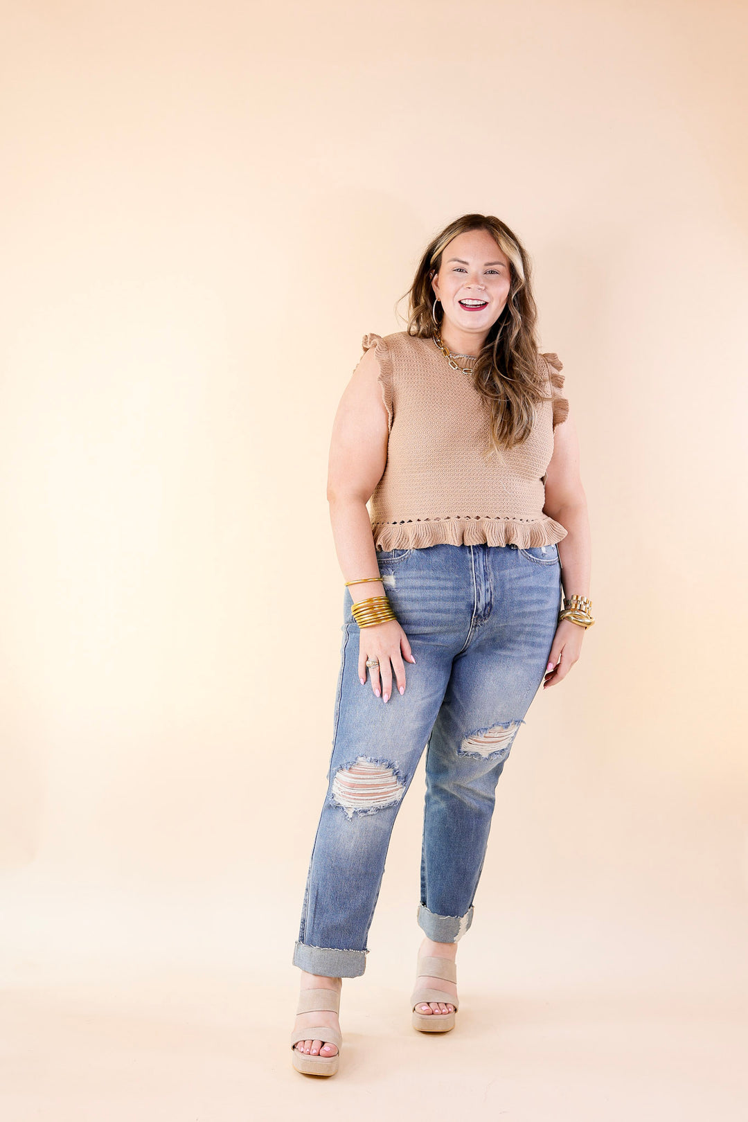 Breezy Baby Cropped Sweater with Ruffle Cap Sleeves in Mocha - Giddy Up Glamour Boutique